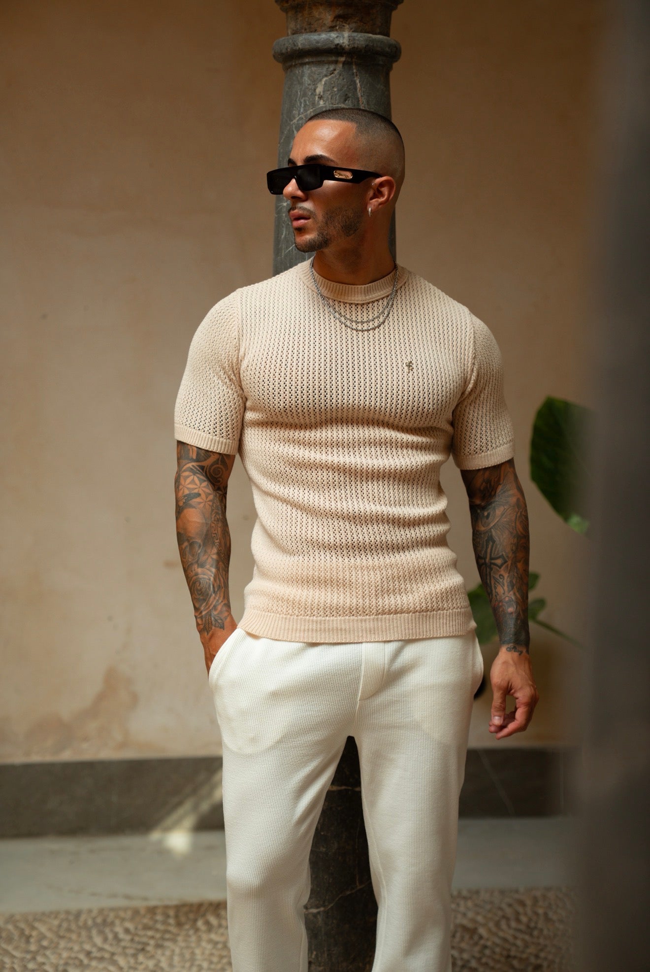 Beige Viscose Plain Knitted Short Sleeve T-Shirt - FSJ186 (PRE ORDER 12TH AUGUST)