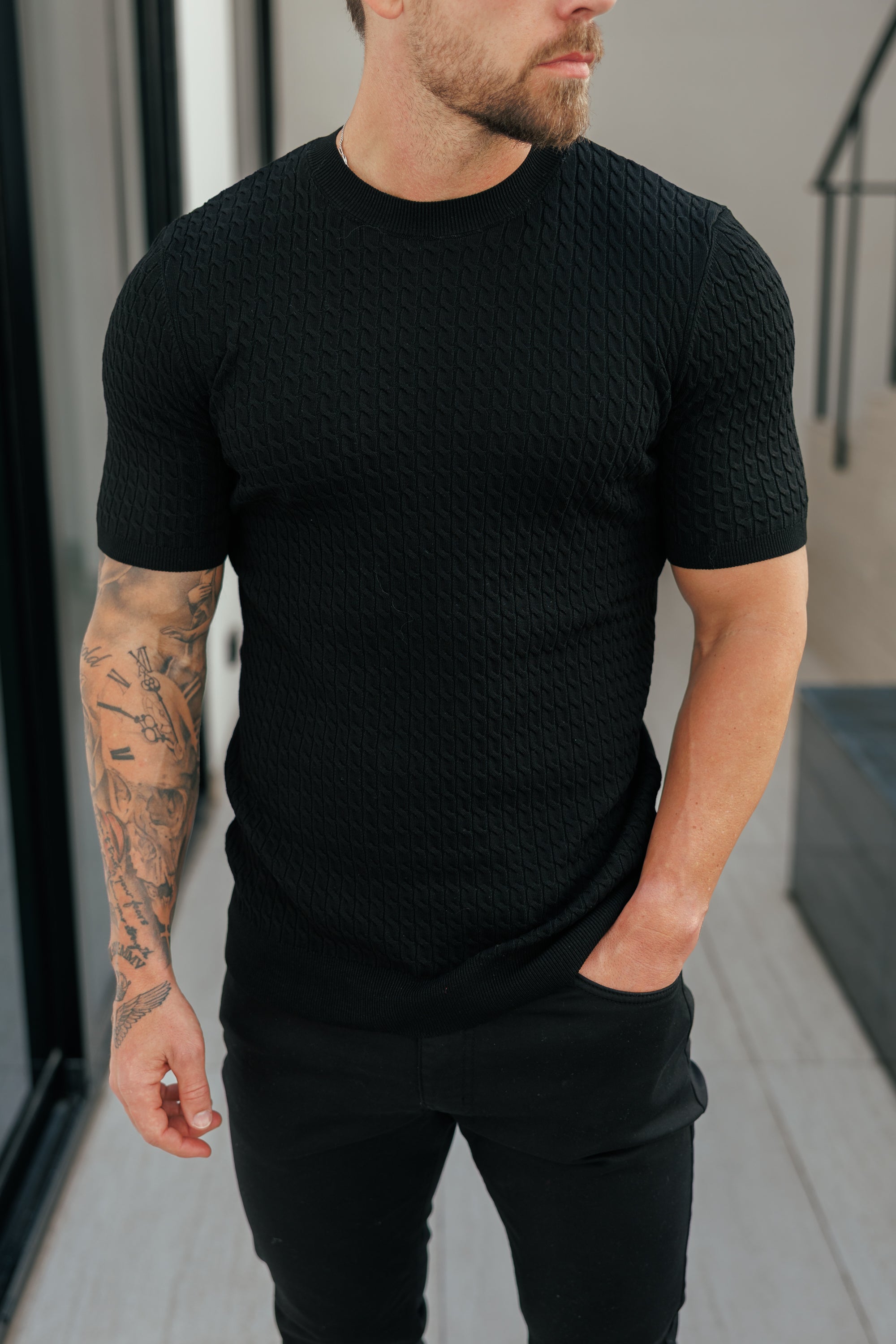 Front Chain Knit Crew Tshirt Black Short Sleeve - FSR055