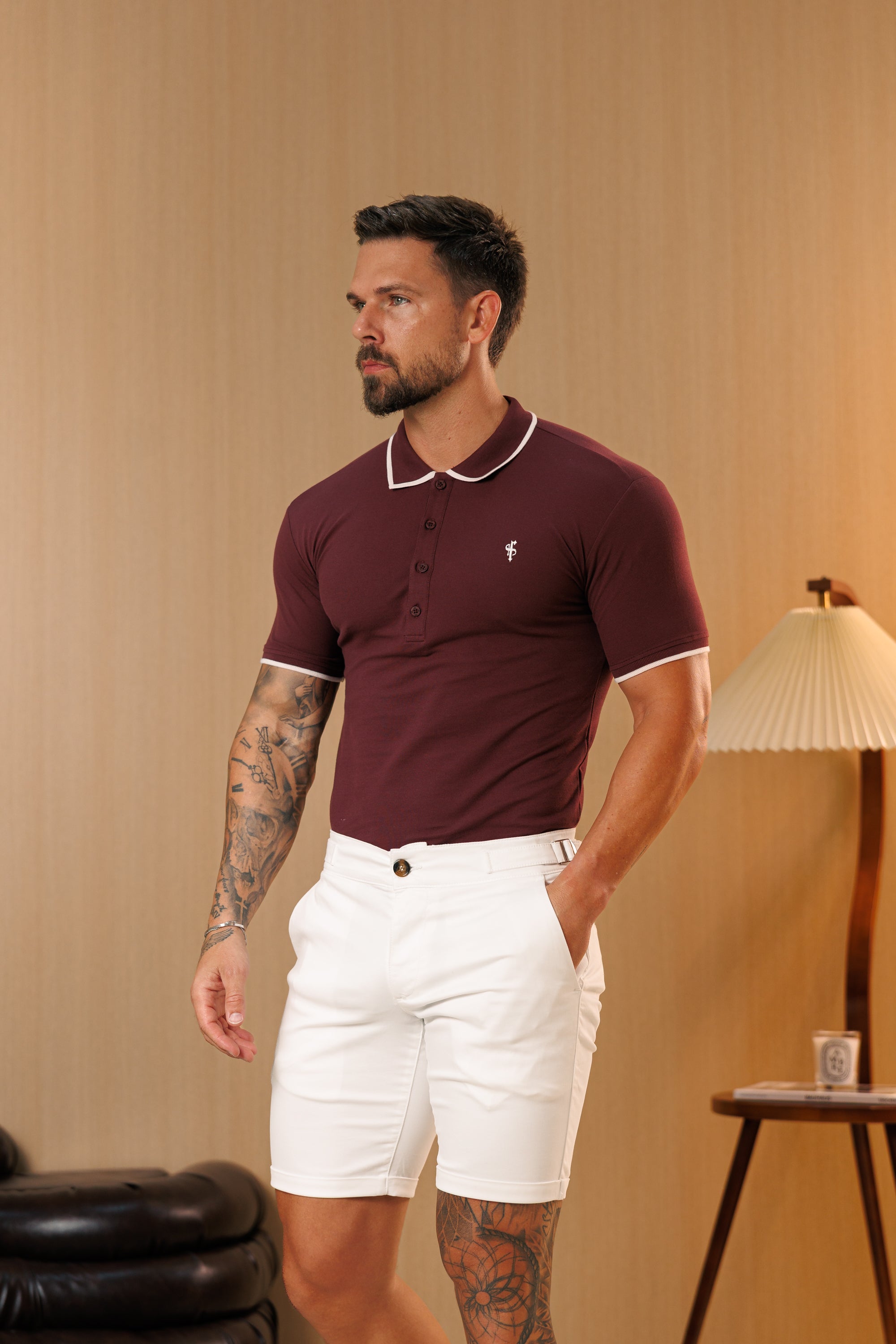 Burgundy / White Polo Shirt With Contrast Collar and Sleeve - FSH1676