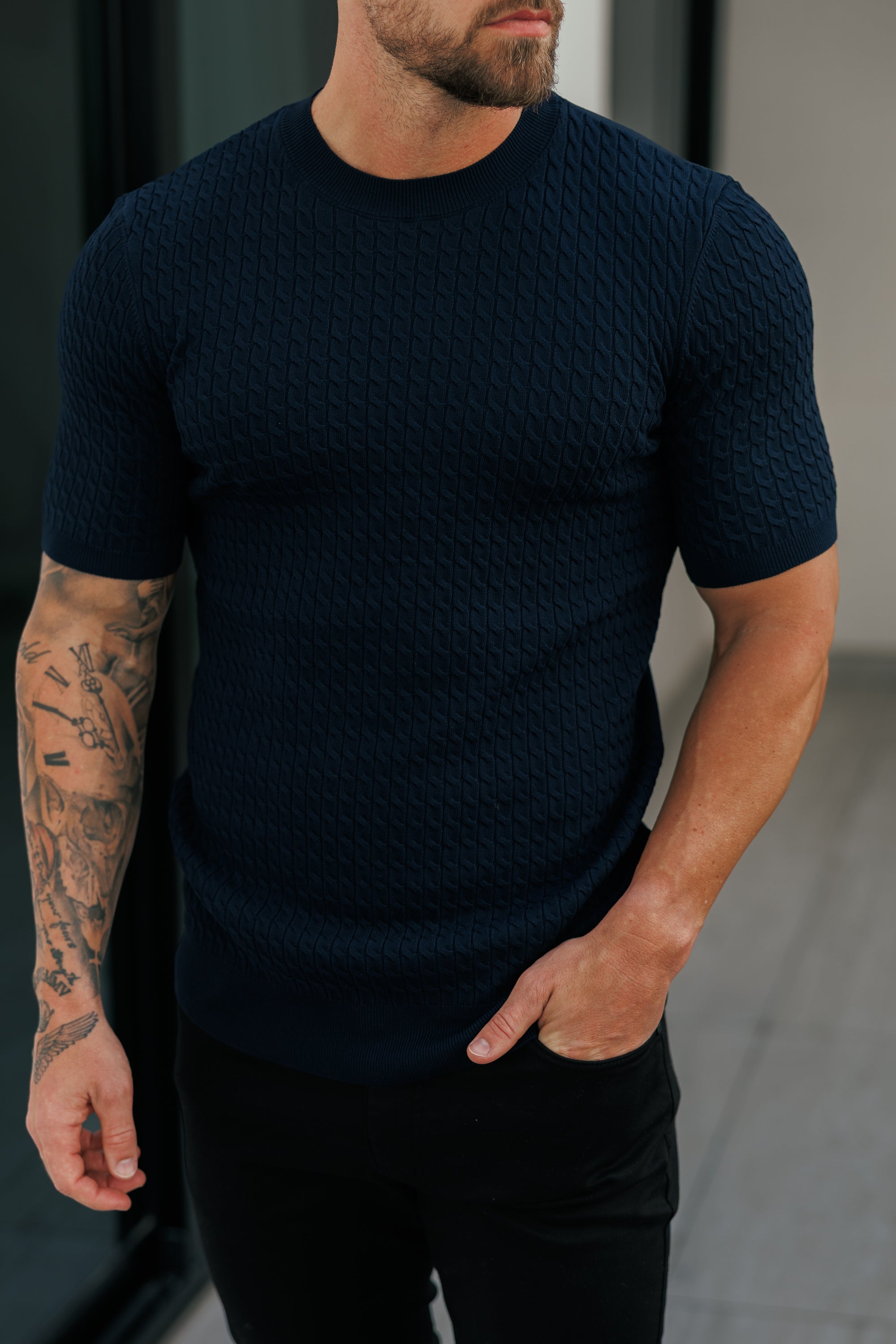 Front Chain Knit Crew Tshirt Navy Short Sleeve - FSR054