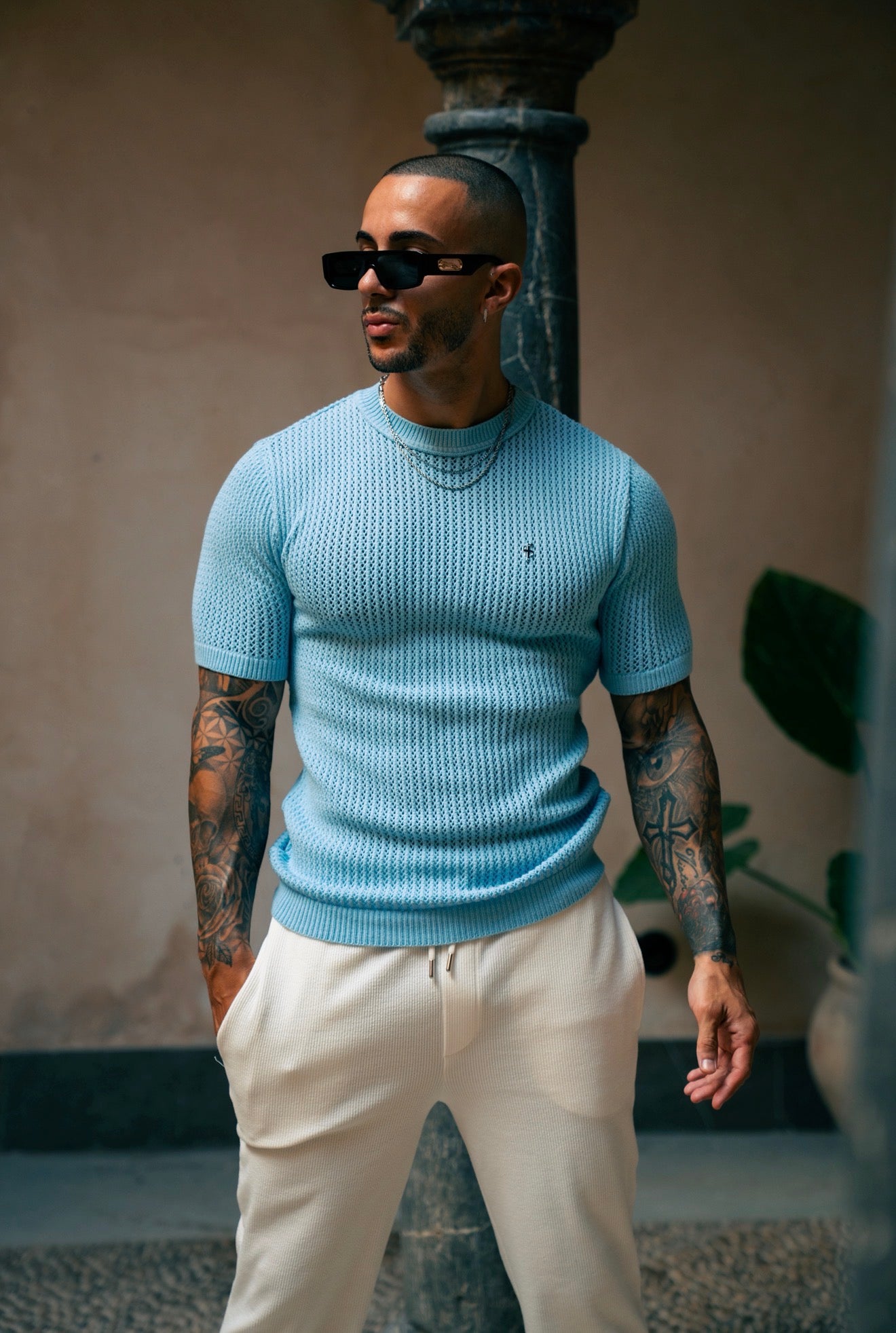 Light Blue Viscose Plain Knitted Short Sleeve T-Shirt - FSJ185 (PRE ORDER 12TH AUGUST)