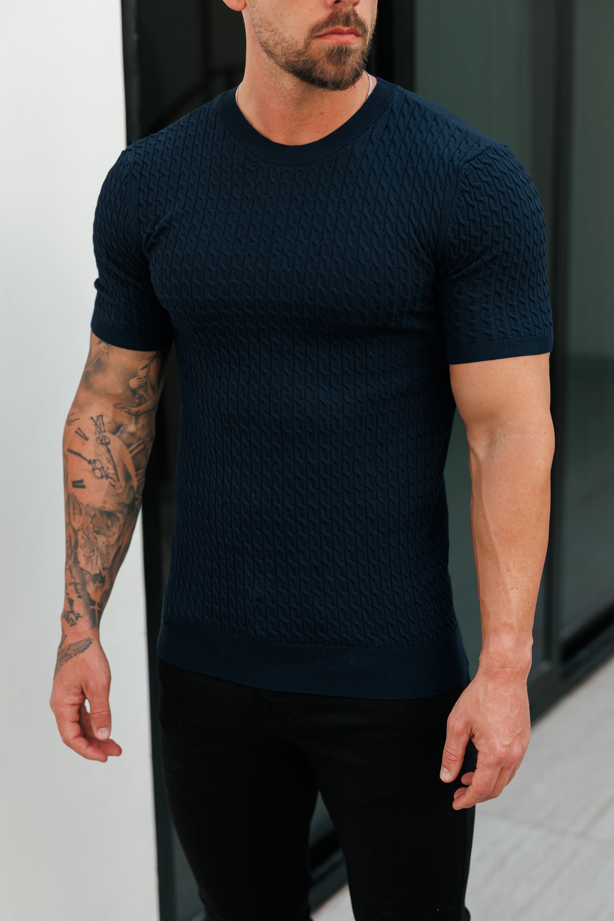 Front Chain Knit Crew Tshirt Navy Short Sleeve - FSR054