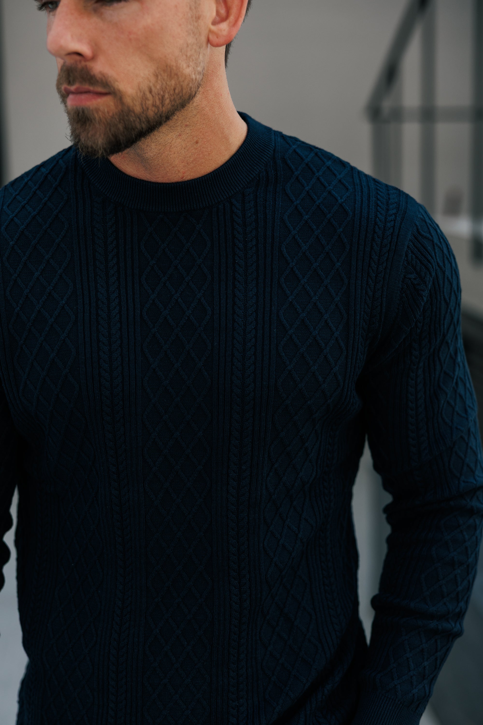 Fine Knit Diamond Navy Jumper Long Sleeve - FSA007