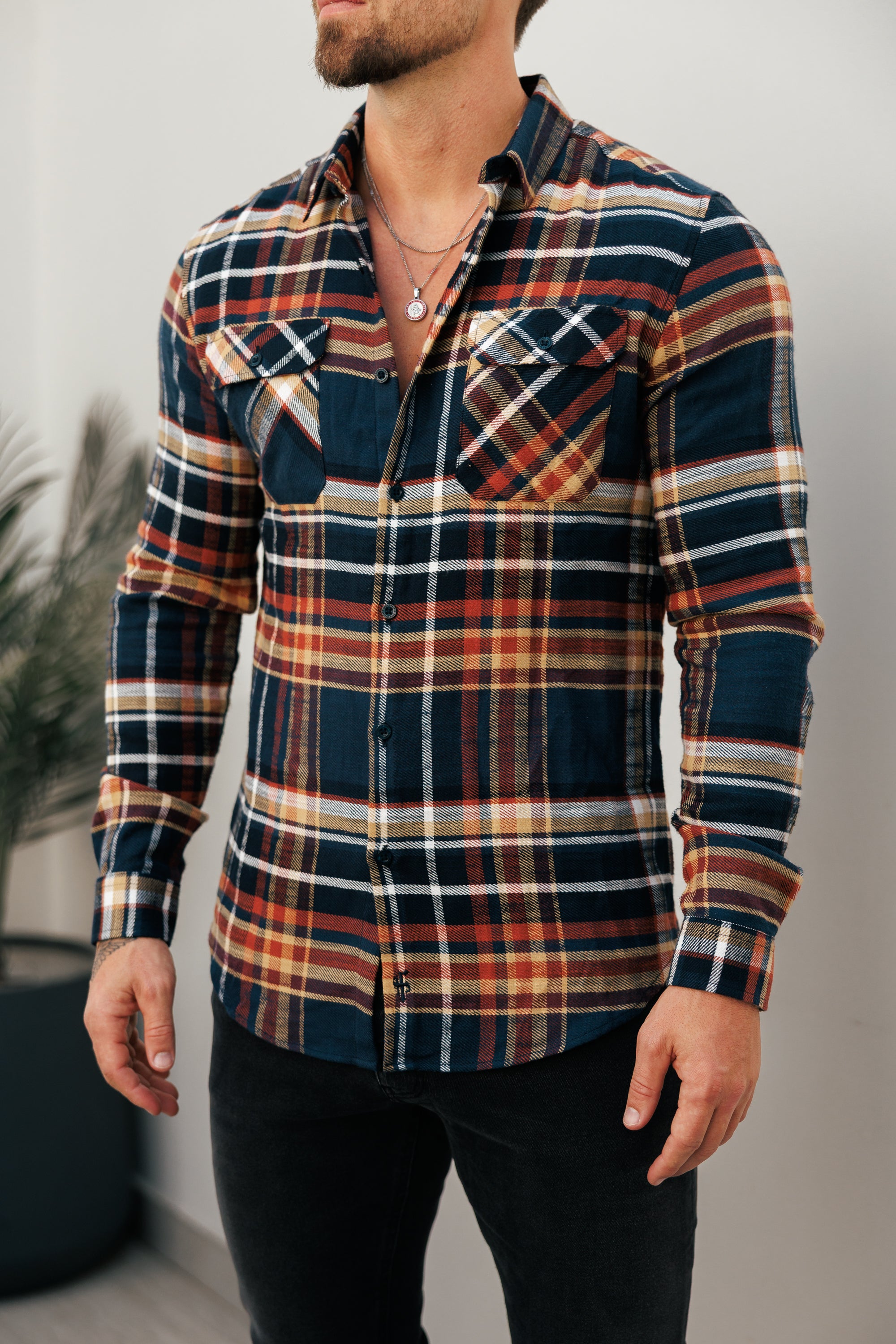 Navy / Tan Check Shacket With Double Pockets - FS1197