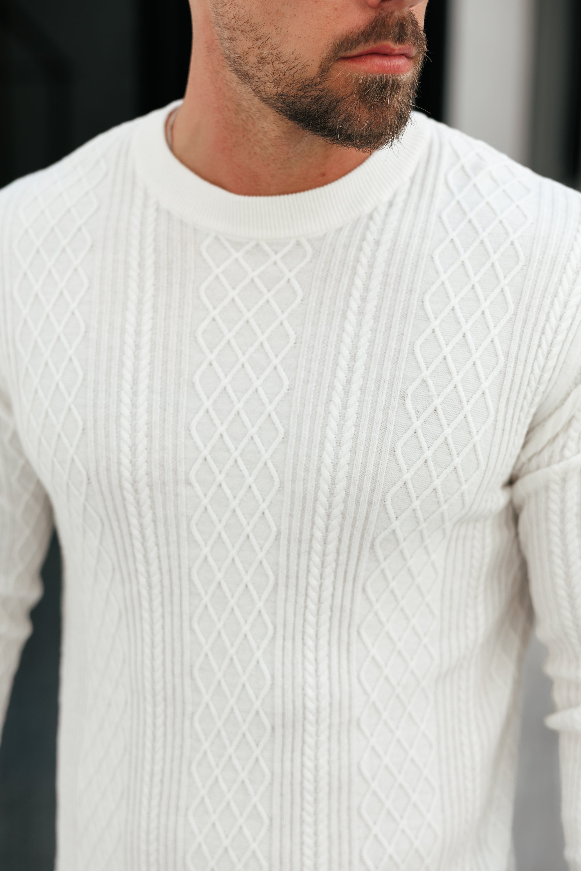 Fine Knit Diamond Off White Jumper Long Sleeve - FSA005