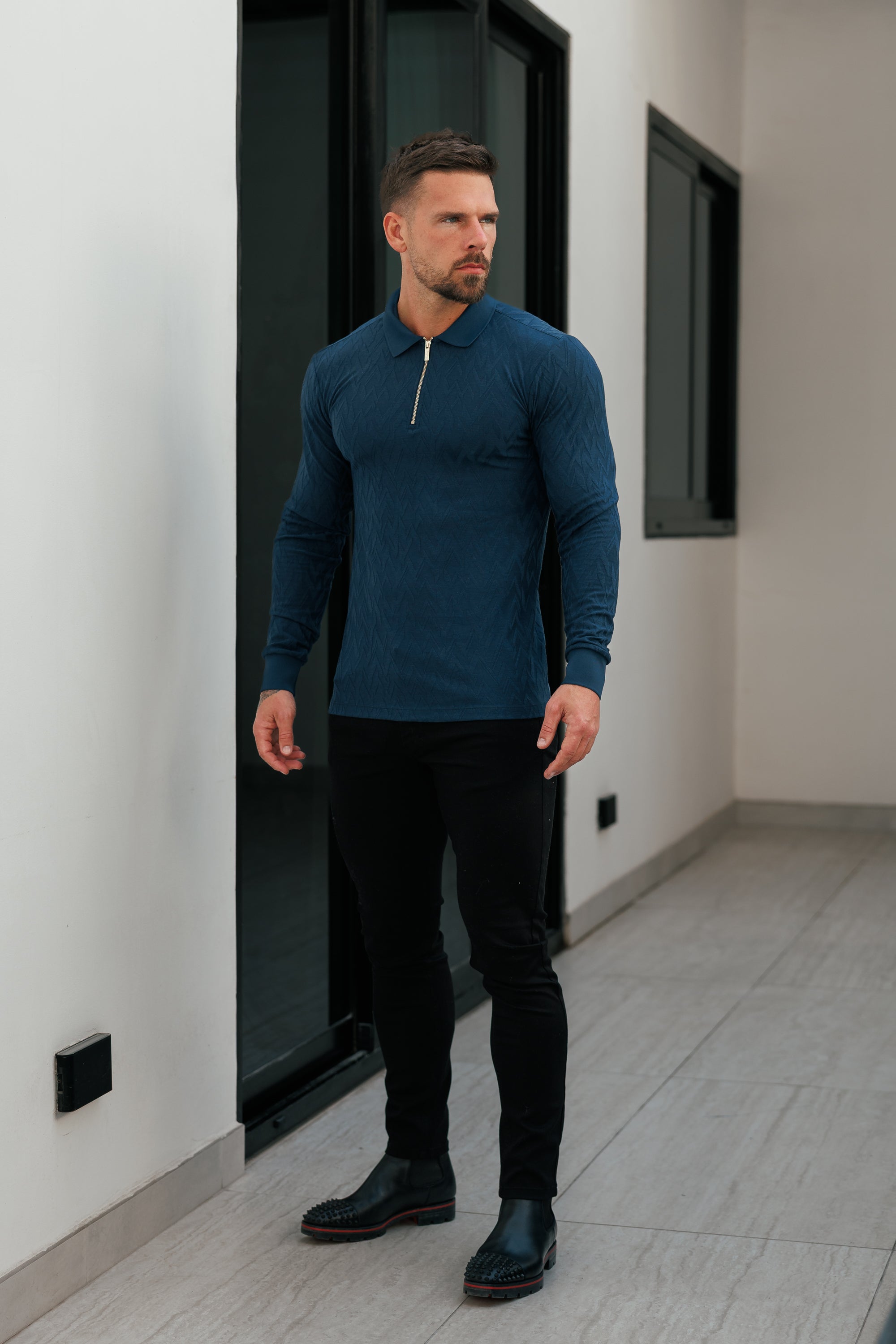 Classic Jacquard Navy Chevron Zipped Polo Long Sleeve - FSR045