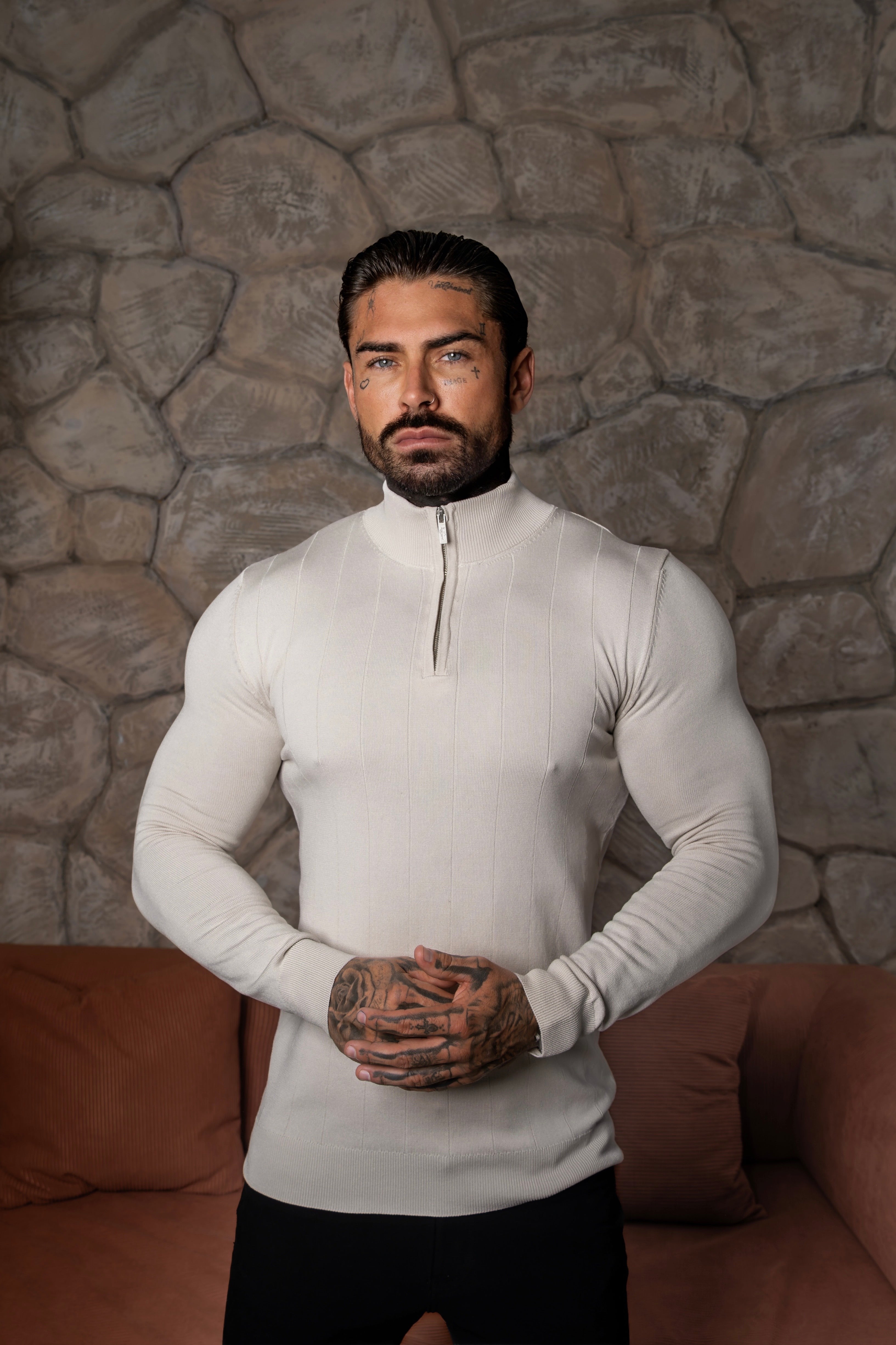 Self Stripe 1/4 Zip Funnel Neck Knit Jumper Cream Long Sleeve - FSR052