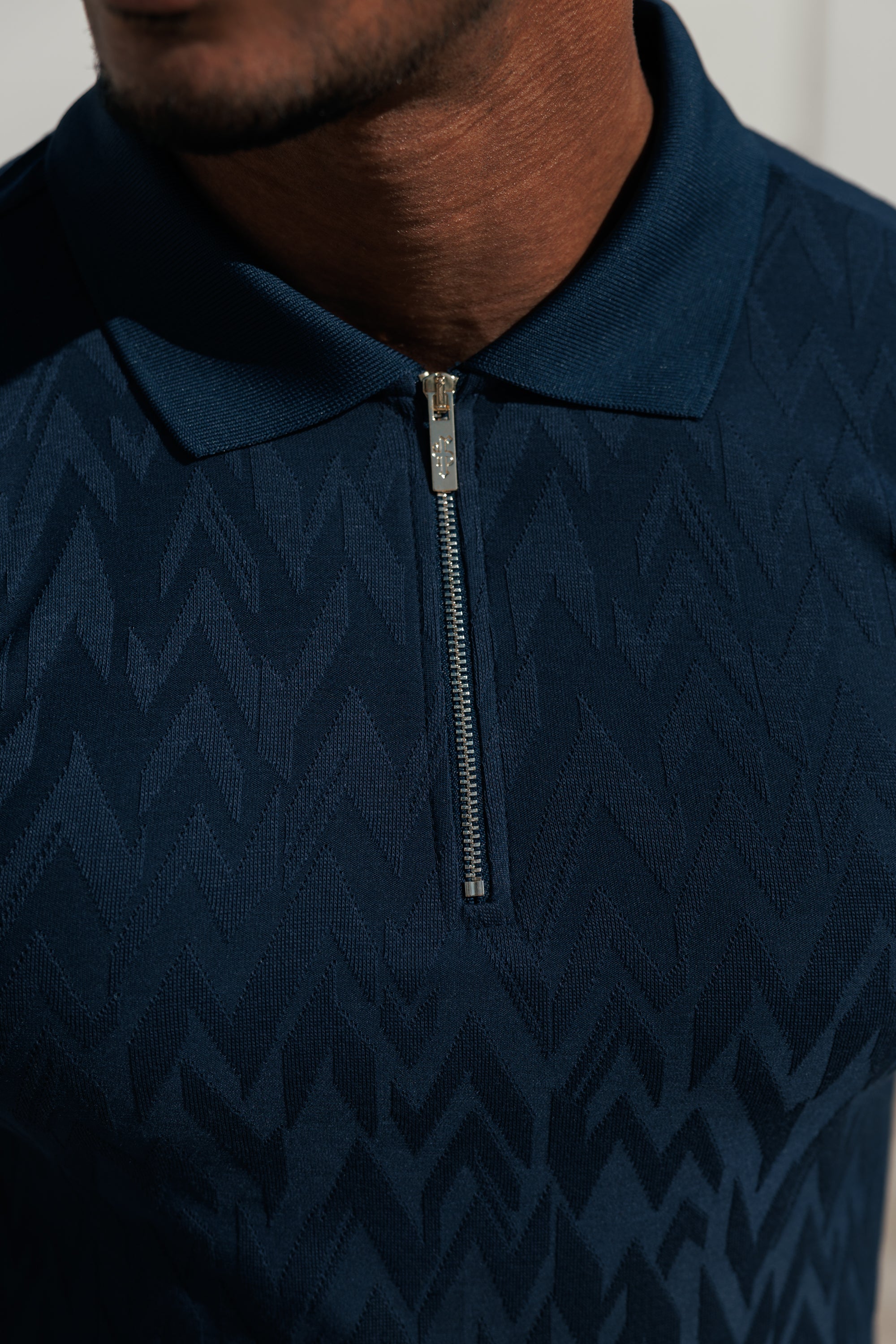 Classic Jacquard Navy Chevron Zipped Polo Long Sleeve - FSR045