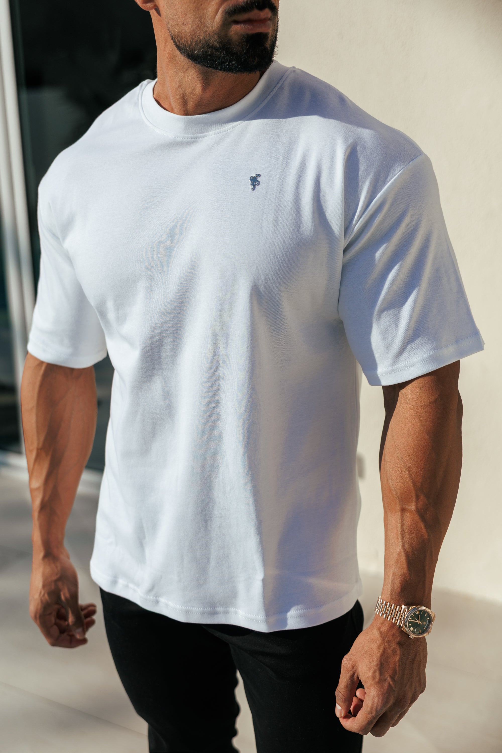 White / Silver Oversized Crew T Shirt - FSH1423