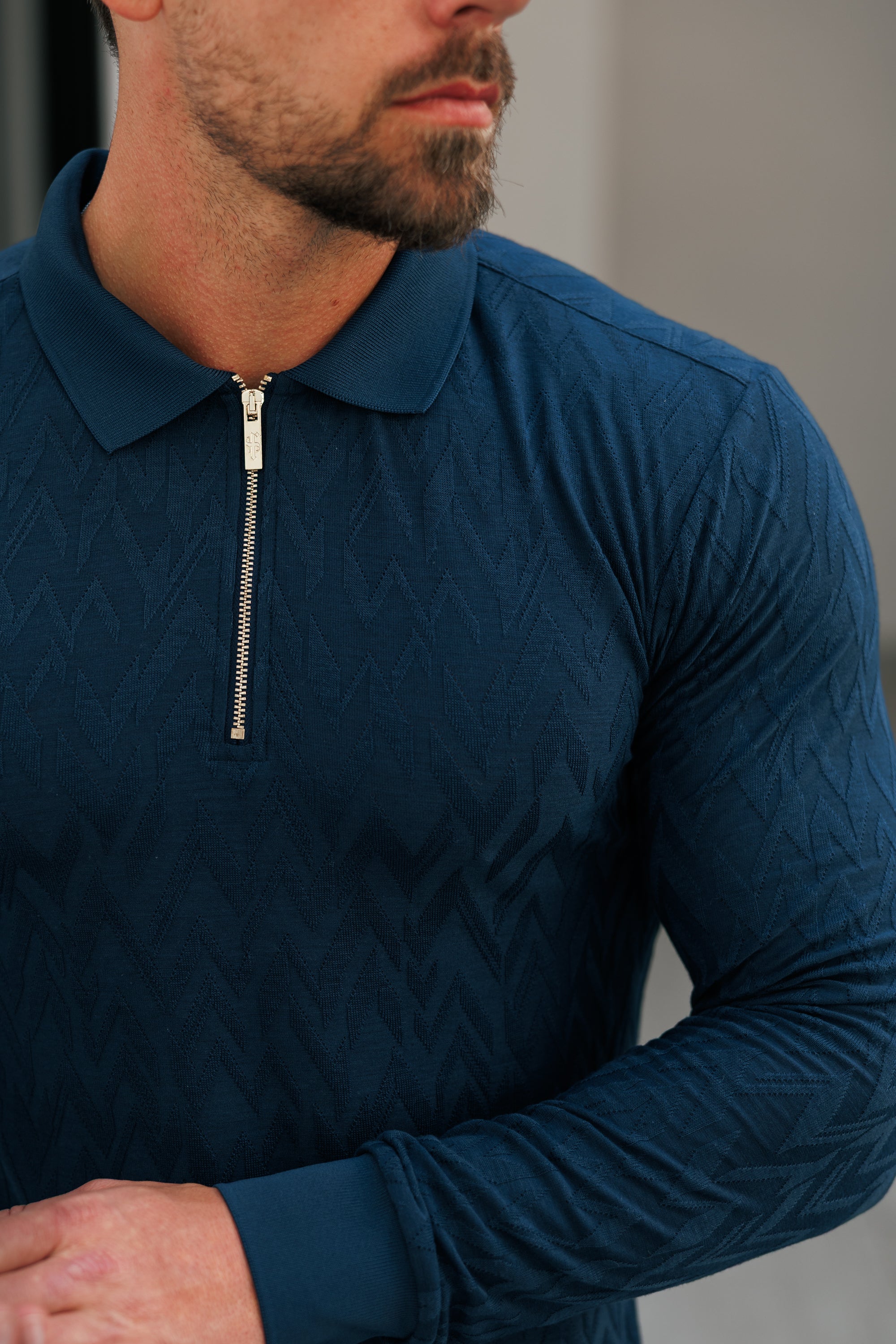 Classic Jacquard Navy Chevron Zipped Polo Long Sleeve - FSR045