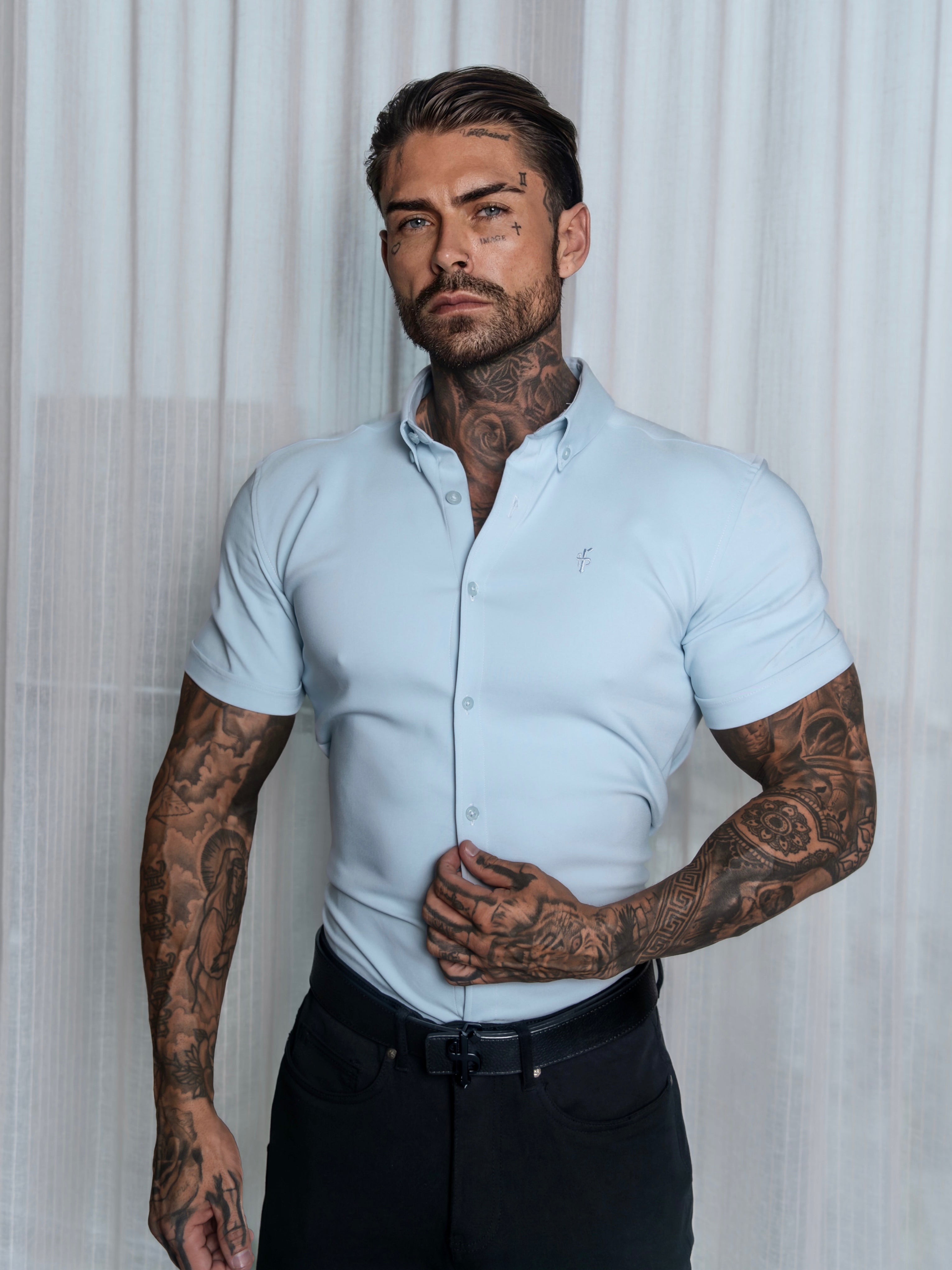 Super Slim SS Powder Blue Scuba with Button Down Collar - FS1121