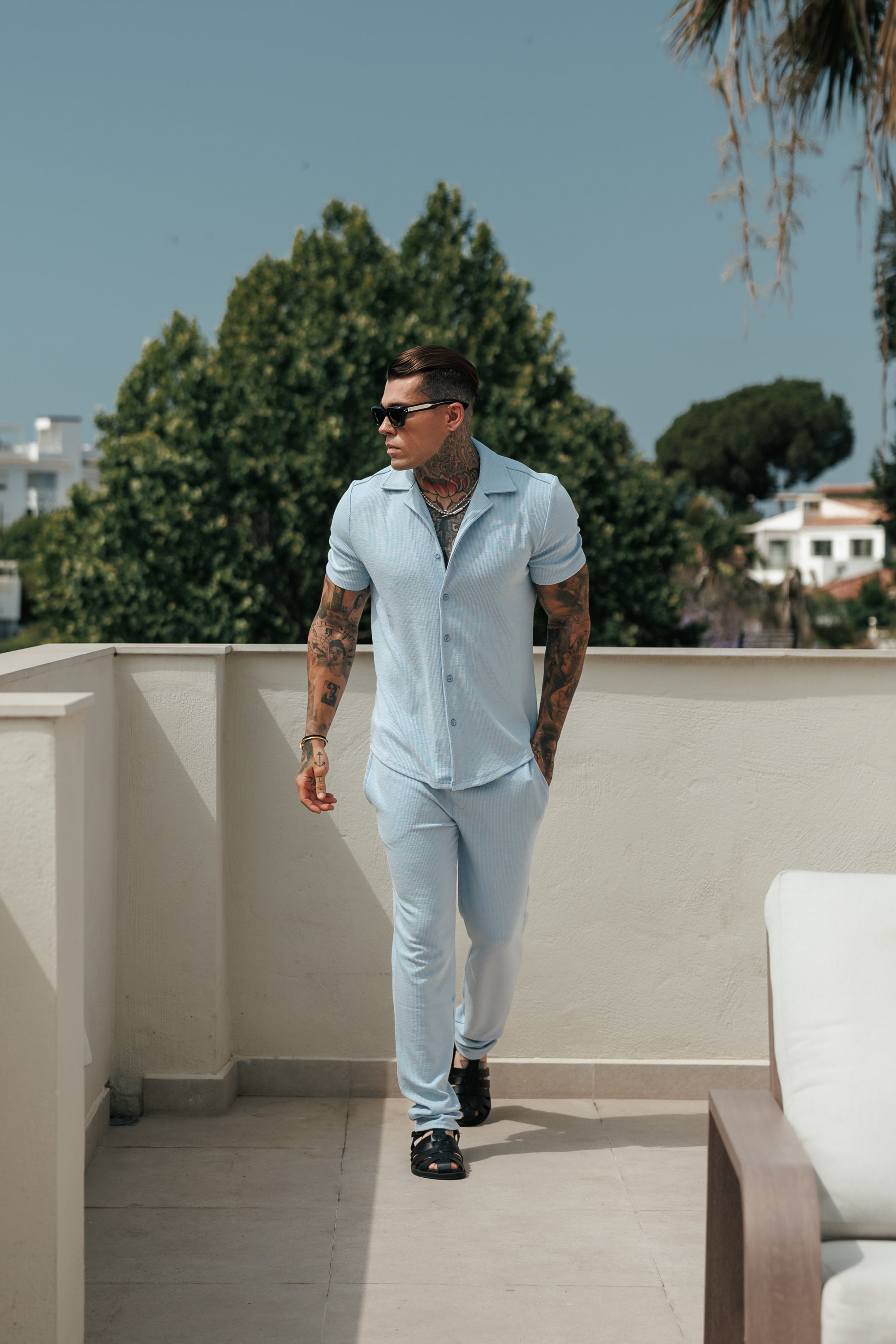 Jersey Cord Stretch Light Blue Revere Shirt Short Sleeve - FSR074 (PRE ORDER 18TH JULY)