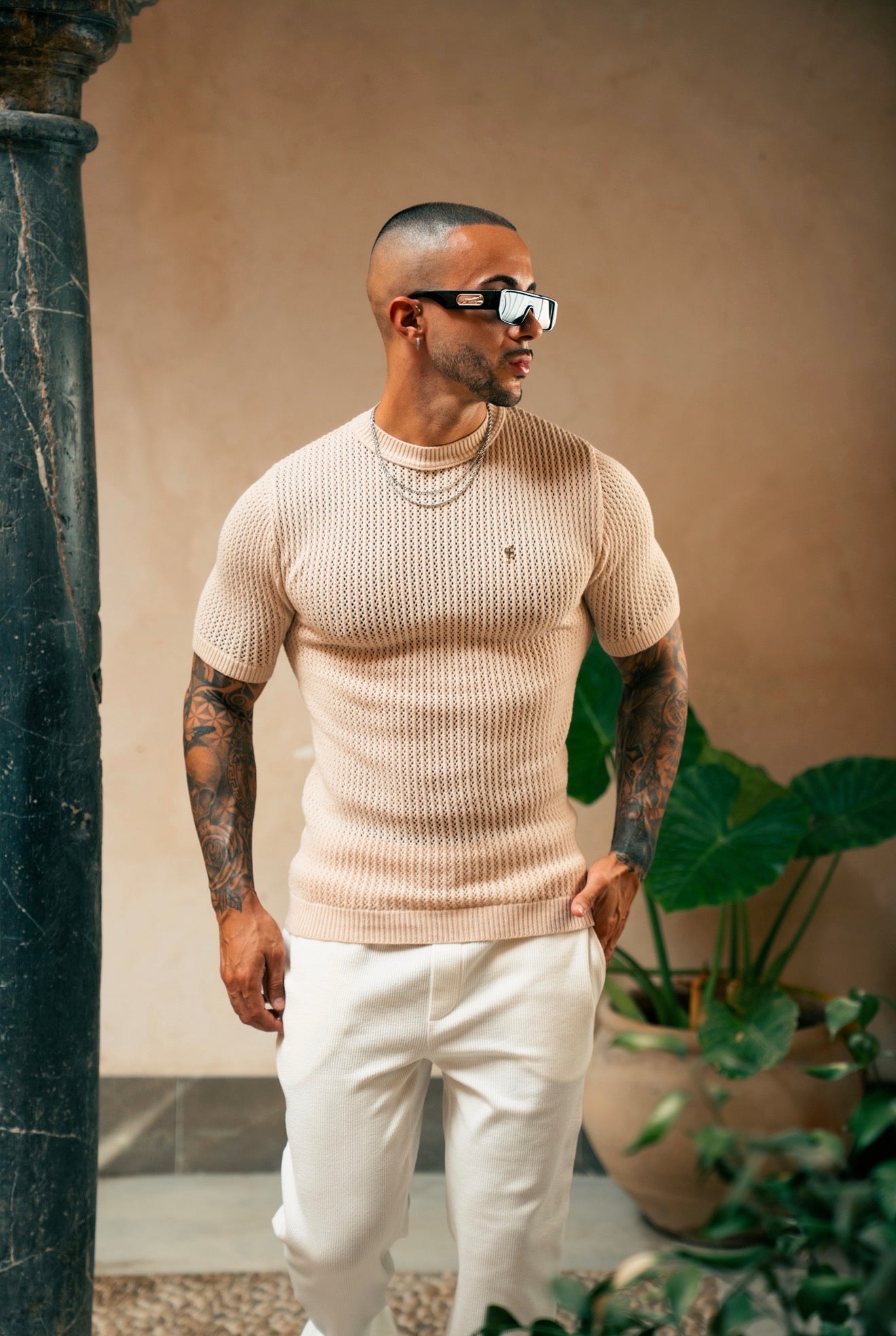 Beige Viscose Plain Knitted Short Sleeve T-Shirt - FSJ186 (PRE ORDER 12TH AUGUST)