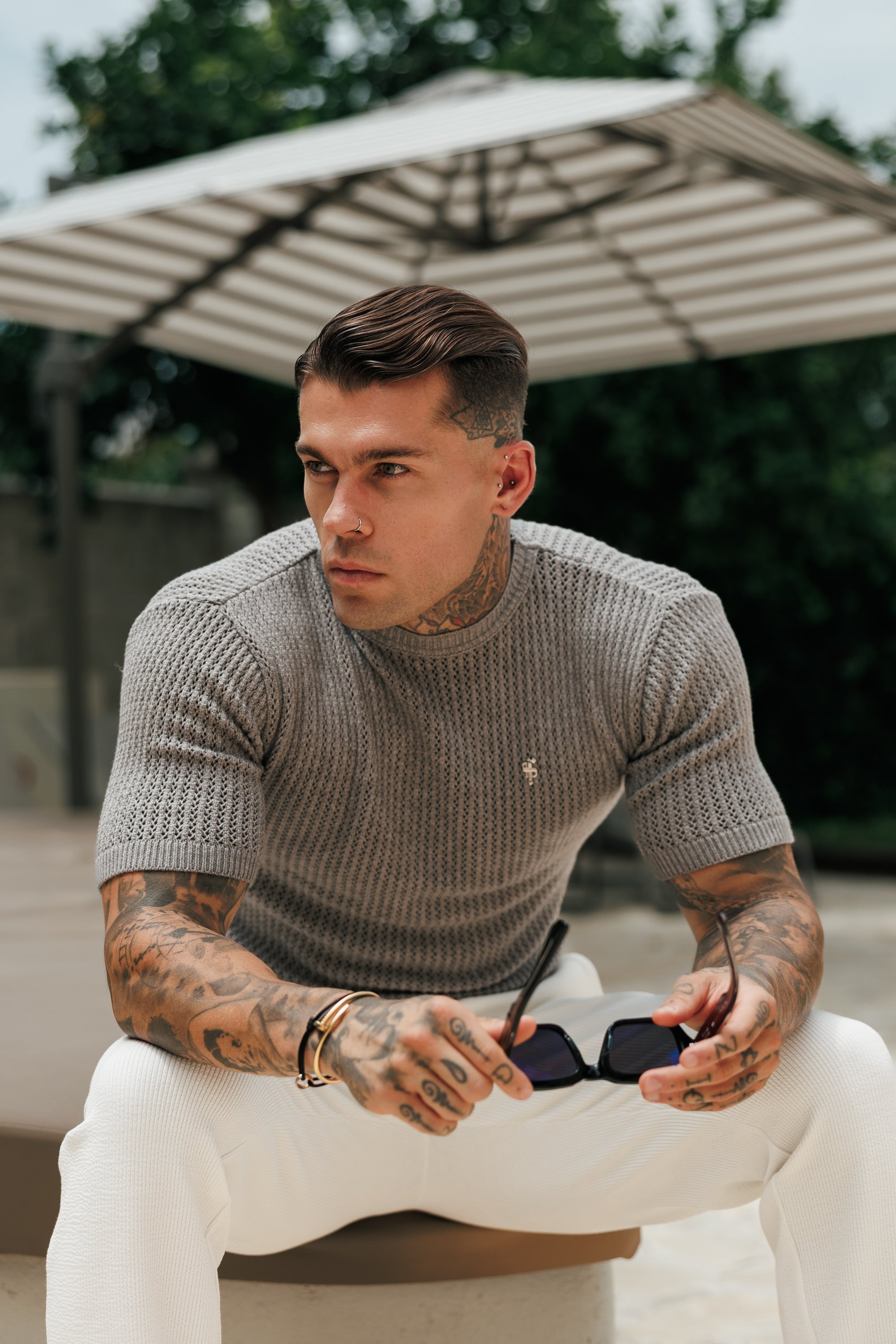 Light Grey Crochet Viscose Plain Knitted Short Sleeve T-Shirt - FSJ190 (PRE ORDER 12TH AUGUST)