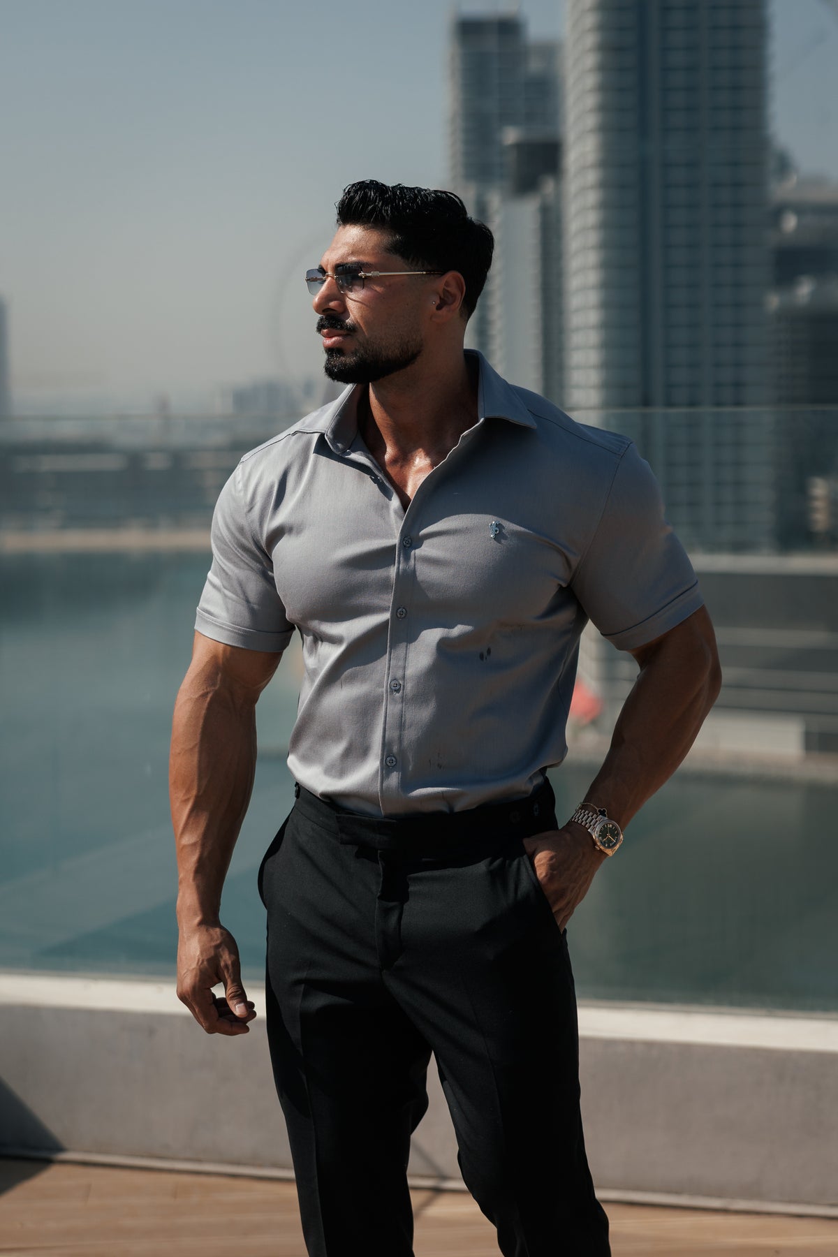 Super Slim Stretch Mid Grey Denim Short Sleeve with Silver Metal Decal and Cutaway Collar - FS1327