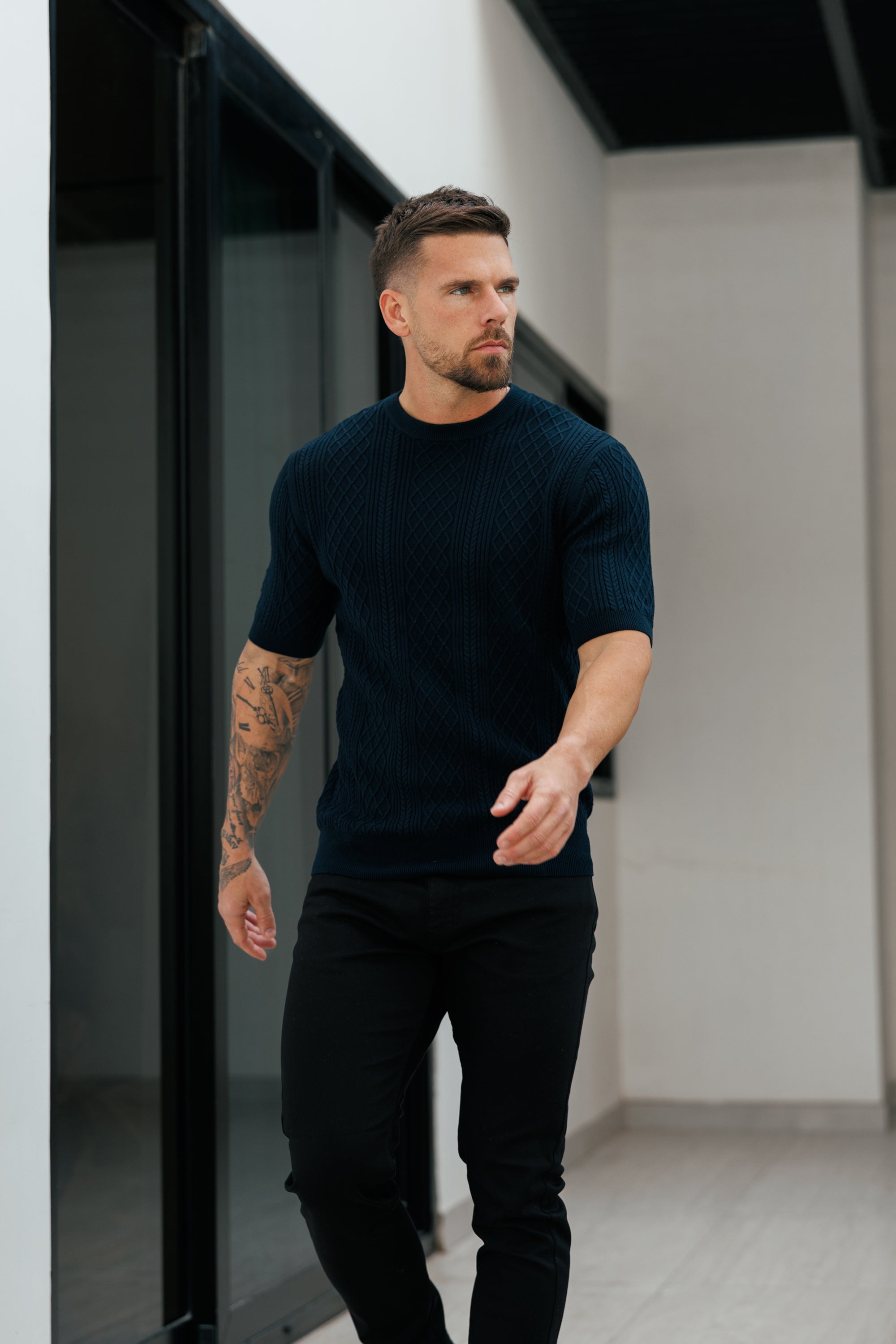 Fine Knit Diamond Navy Jumper Short Sleeve - FSA011