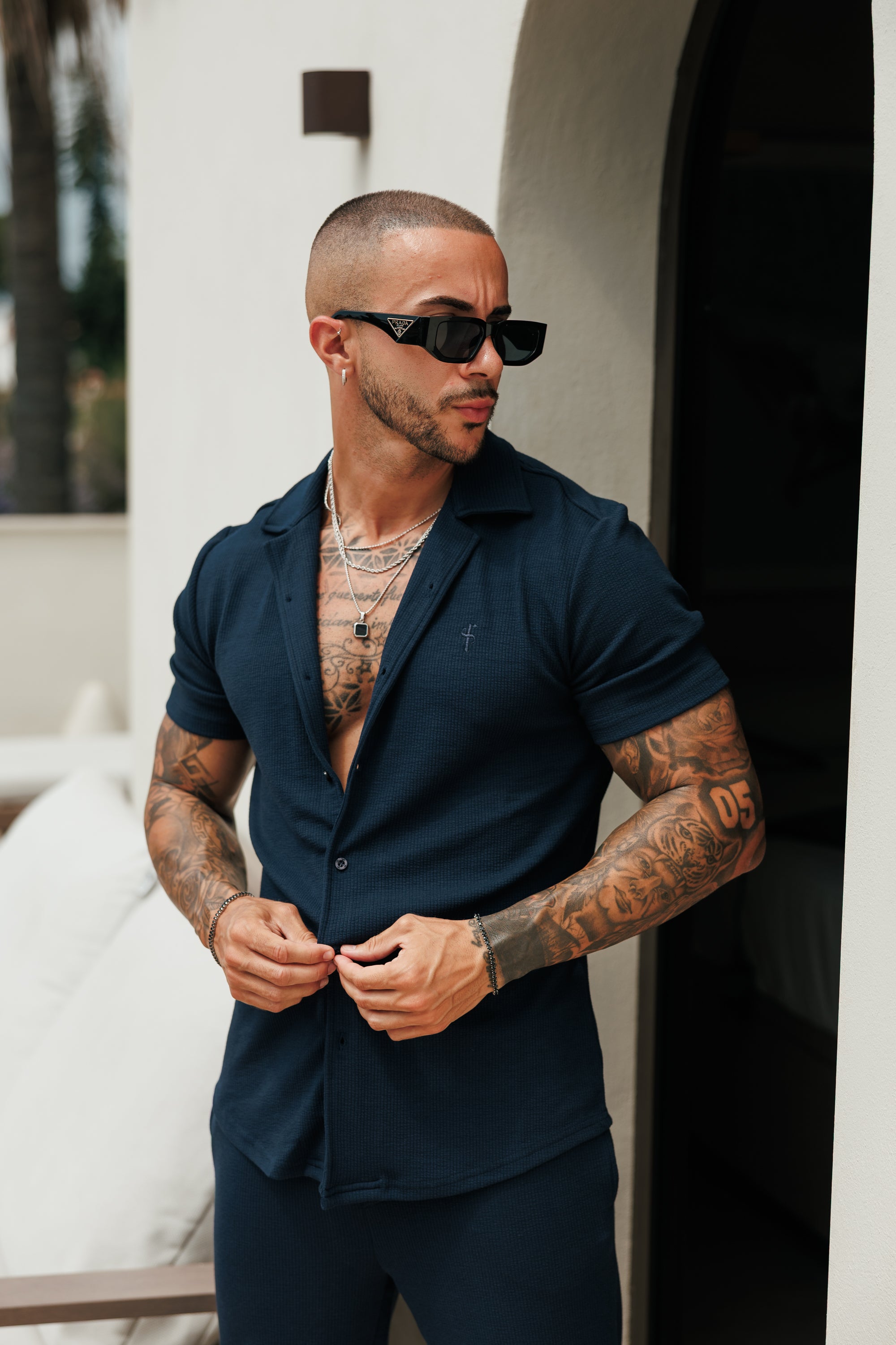 Jersey Cord Stretch Navy Revere Shirt Short Sleeve - FSR071 (PRE ORDER 18TH JULY)
