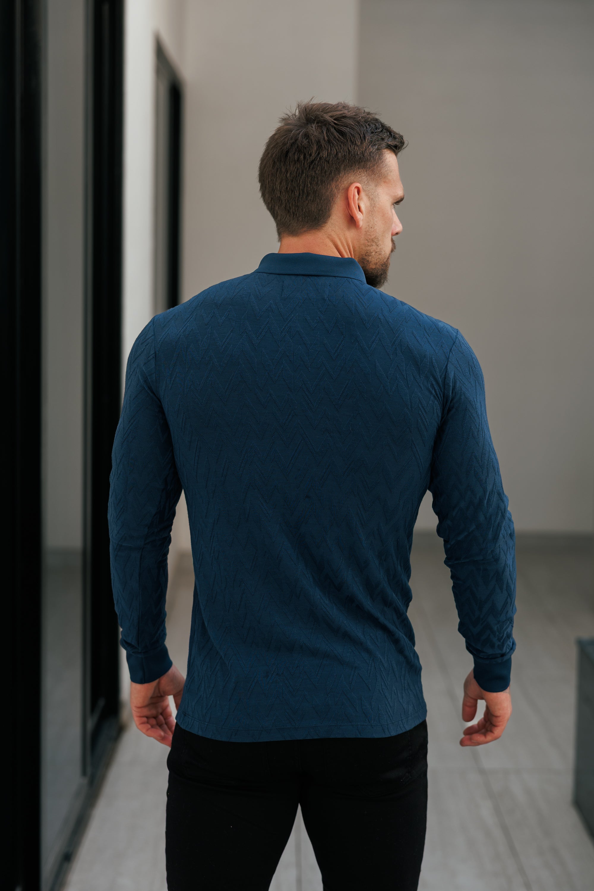 Classic Jacquard Navy Chevron Zipped Polo Long Sleeve - FSR045