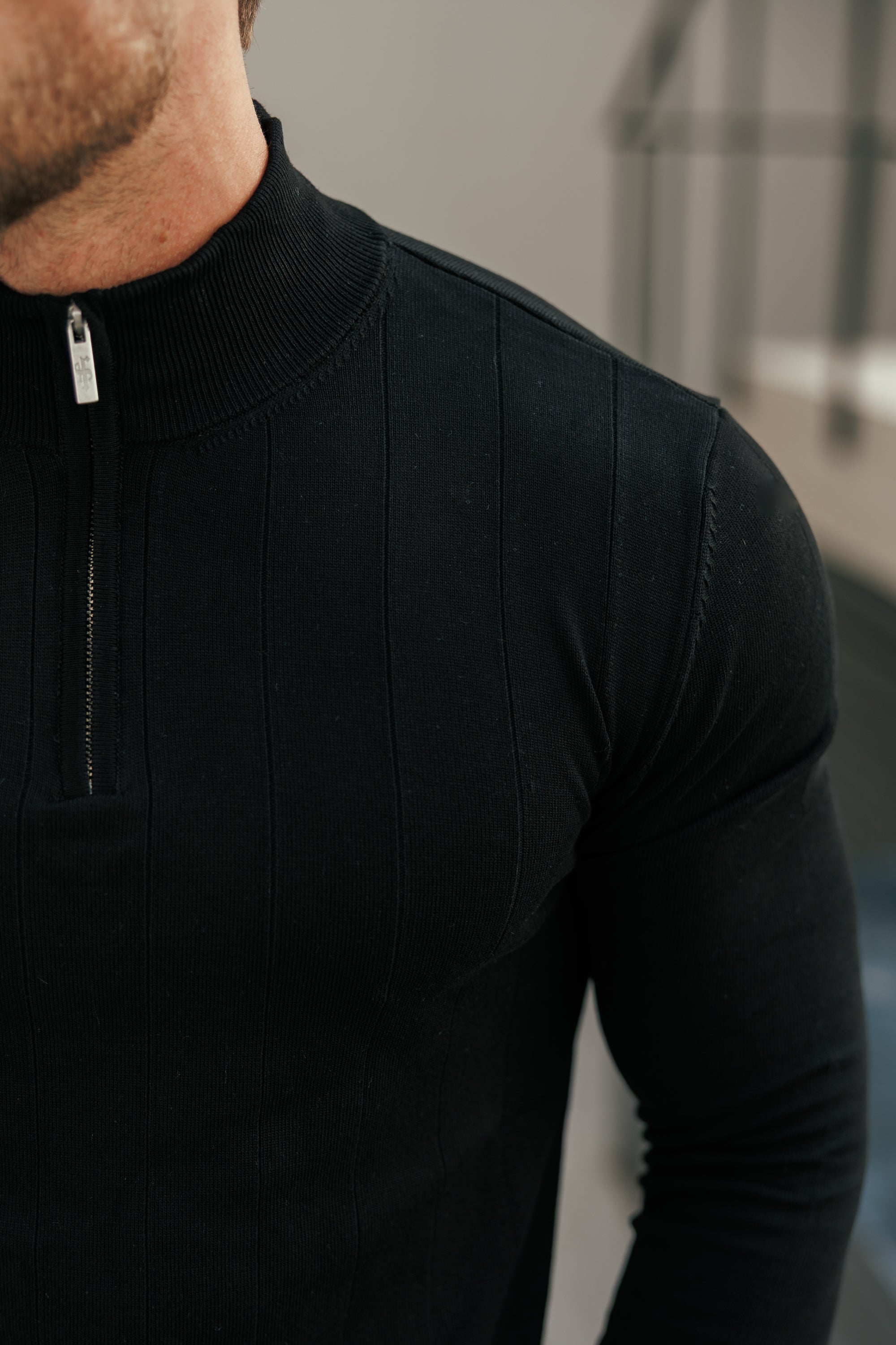 Self Stripe 1/4 Zip Funnel Neck Knit Jumper Black Long Sleeve - FSR050