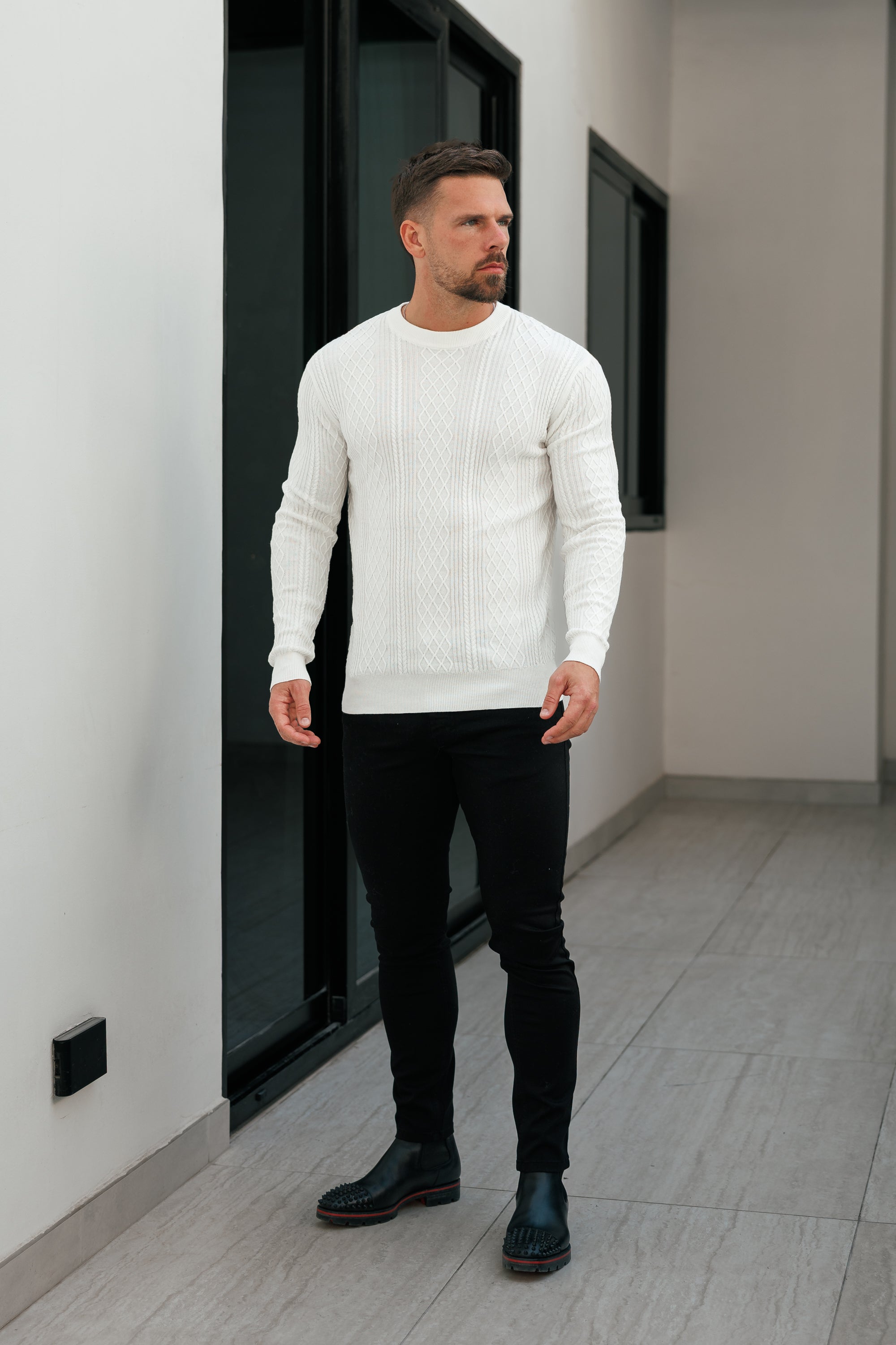 Fine Knit Diamond Off White Jumper Long Sleeve - FSA005