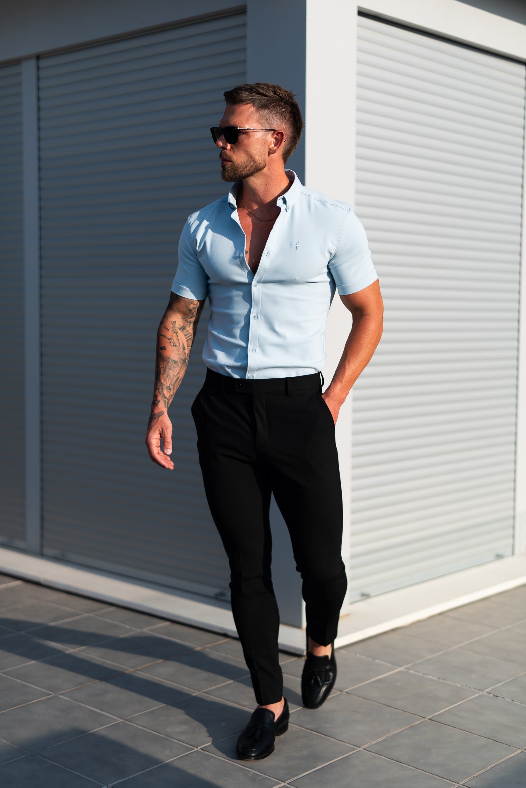 Super Slim SS Powder Blue Scuba with Button Down Collar - FS1121