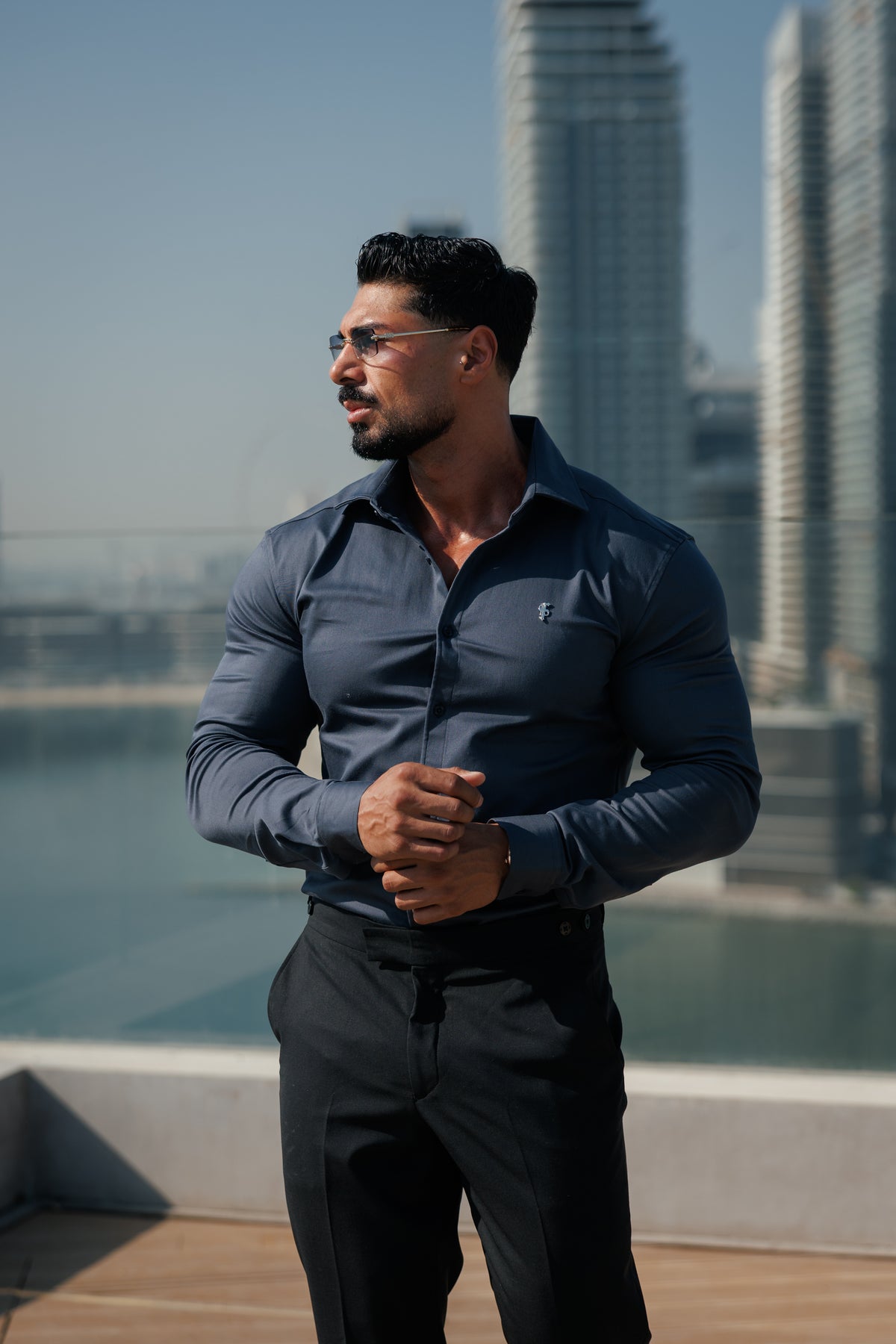 Super Slim Stretch Gunpowder Denim Long Sleeve with Silver Metal Decal and Cutaway Collar - FS1315