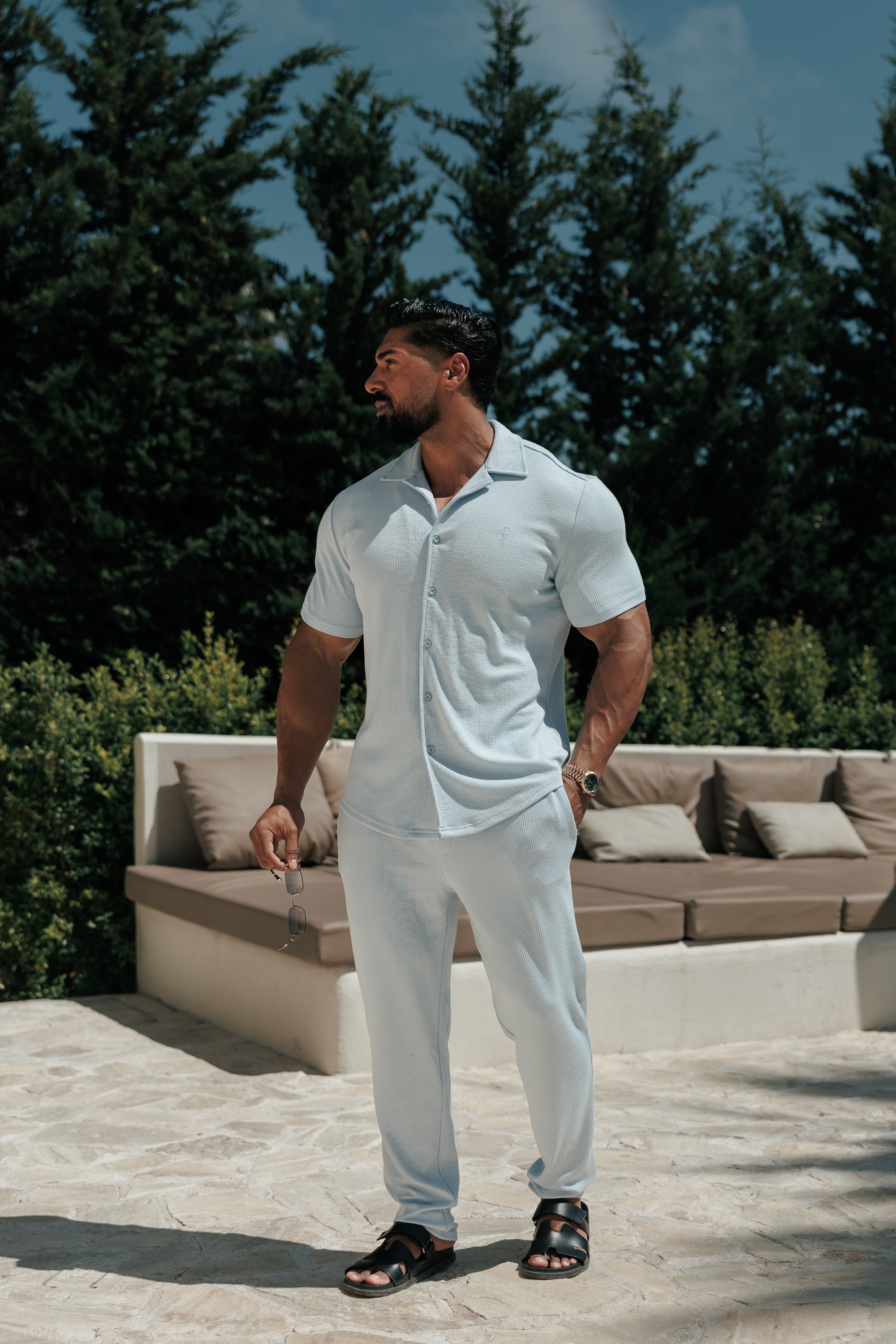 Jersey Cord Stretch Light Blue Revere Shirt Short Sleeve - FSR074 (PRE ORDER 18TH JULY)