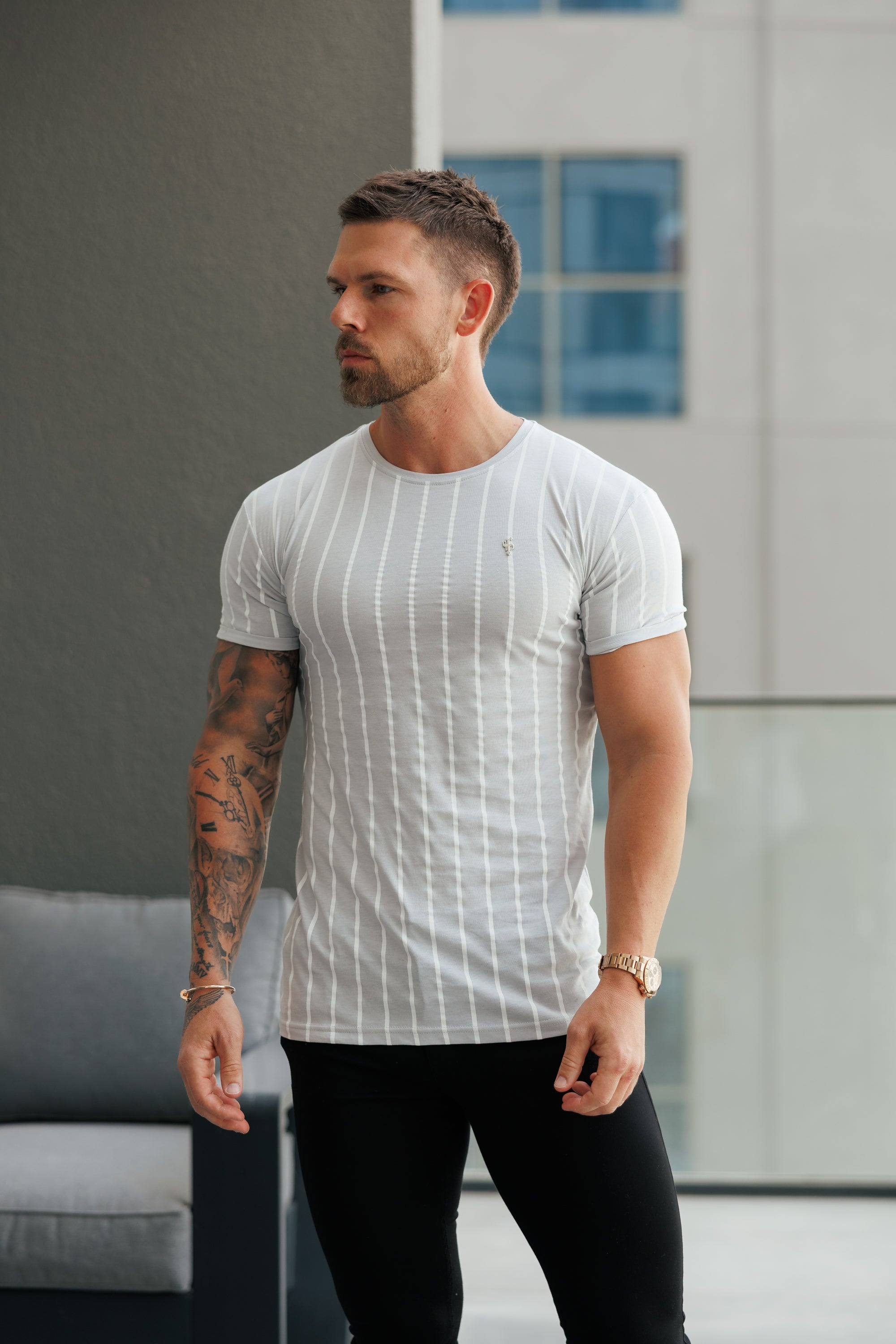 Printed Light Grey / White Stripe Fitted T Shirt - FSH1172
