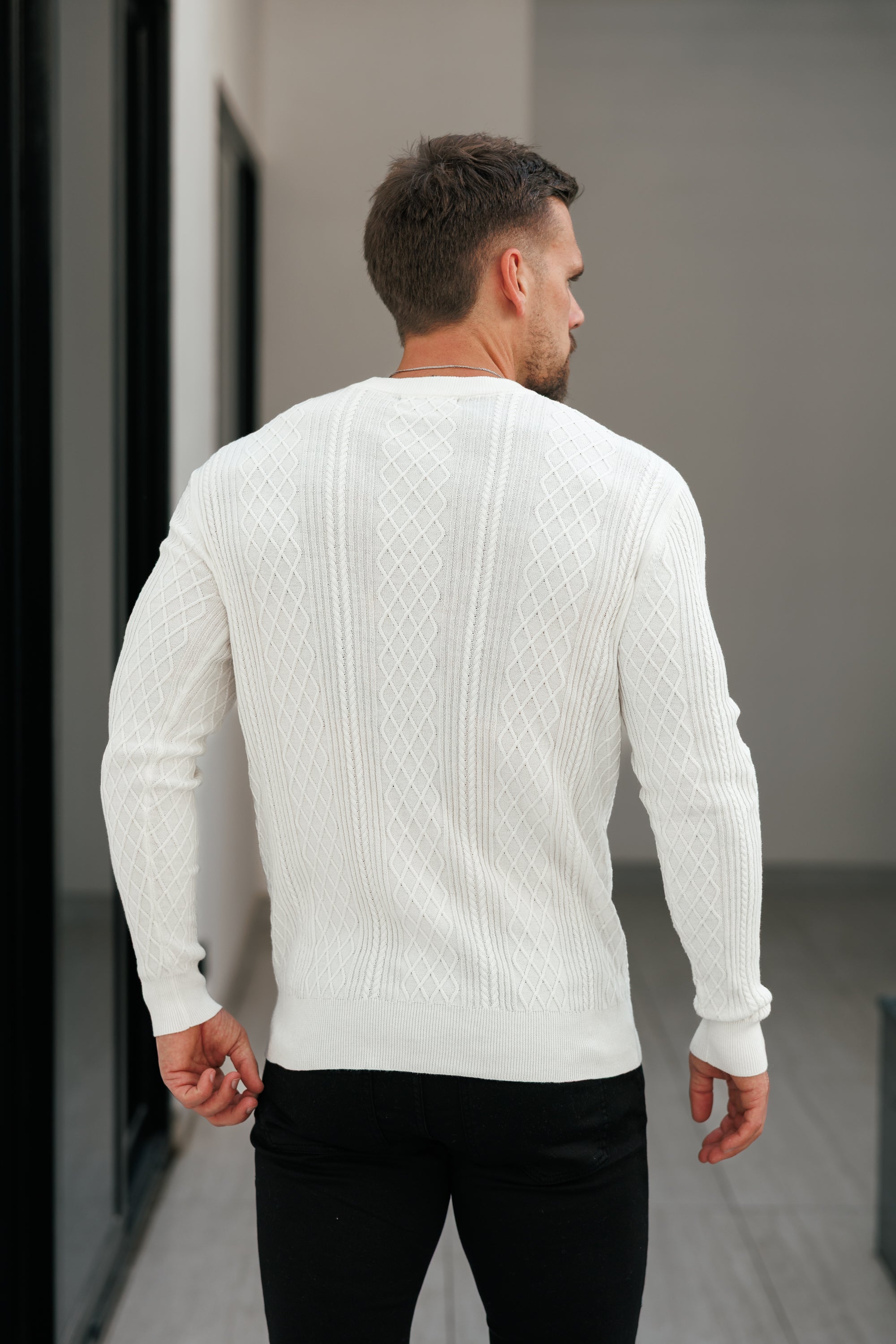Fine Knit Diamond Off White Jumper Long Sleeve - FSA005