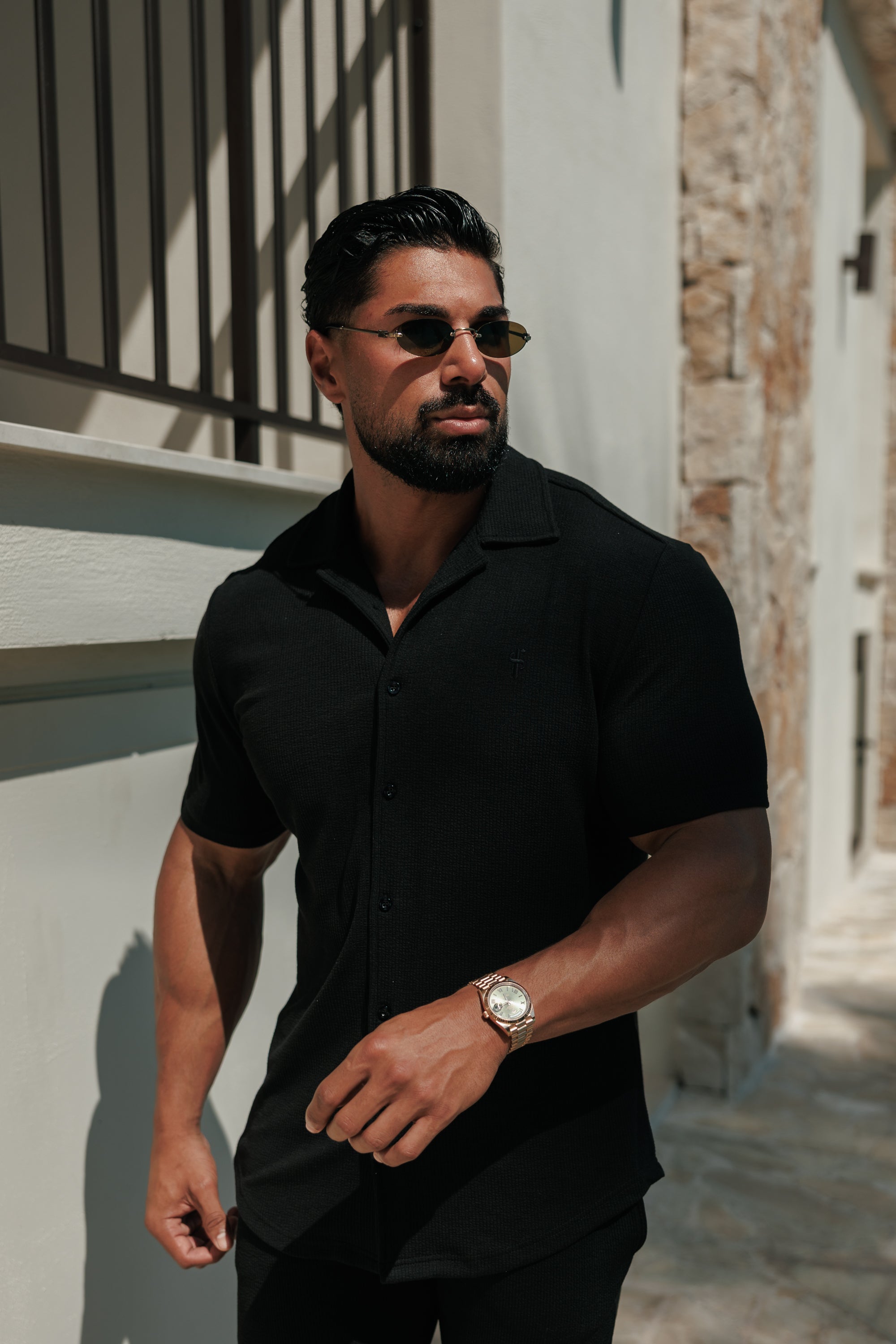 Jersey Cord Stretch Black Revere Shirt Short Sleeve - FSR070 (PRE ORDER 30TH JUNE)