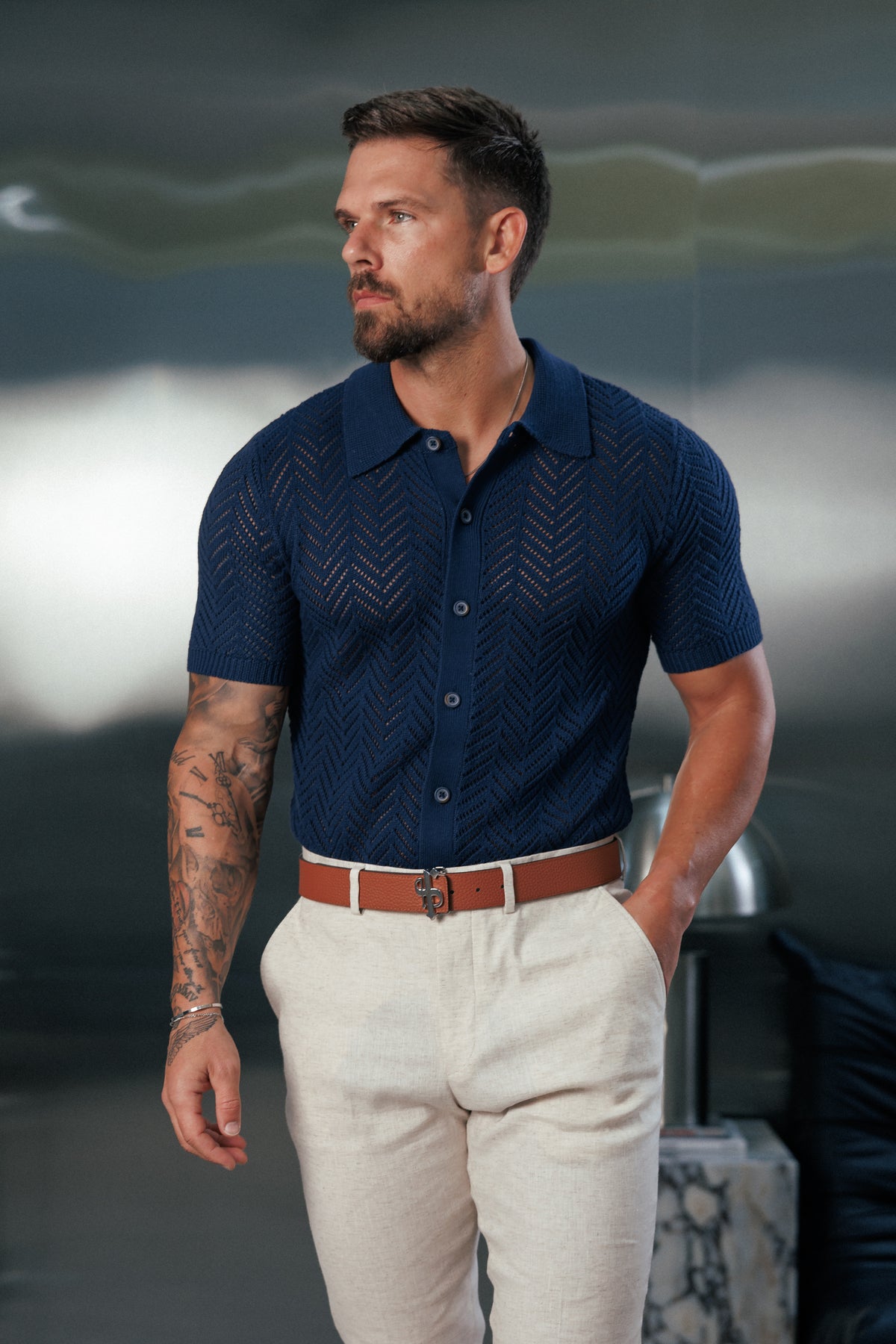 Navy Chevron Perforated Shirt Short Sleeve - FSA014