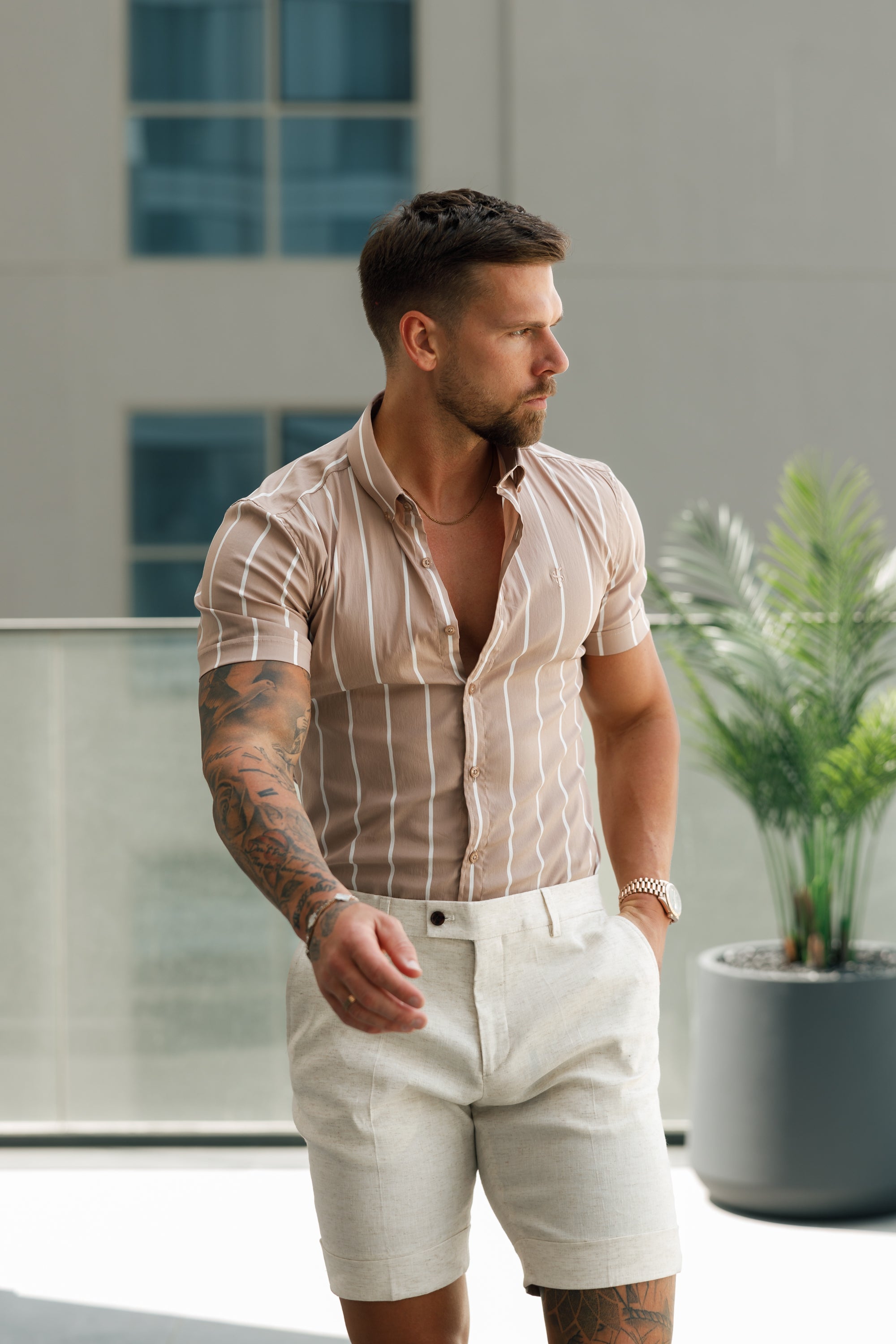 Super Slim Stretch Taupe Printed Wide Stripe Short Sleeve with Button Down Collar - FS1066 (PRE ORDER 31ST MAY)