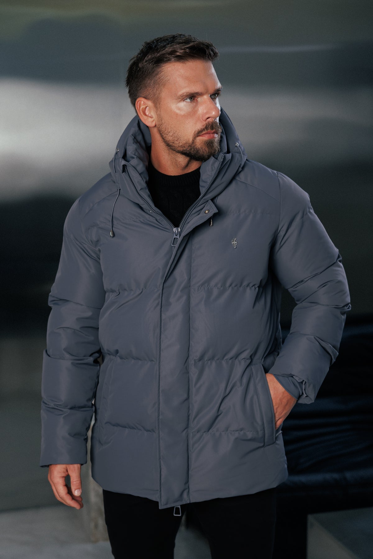 Gunmetal Padded Coat with Hood - FSN237 (PRE ORDER 24TH OCTOBER)