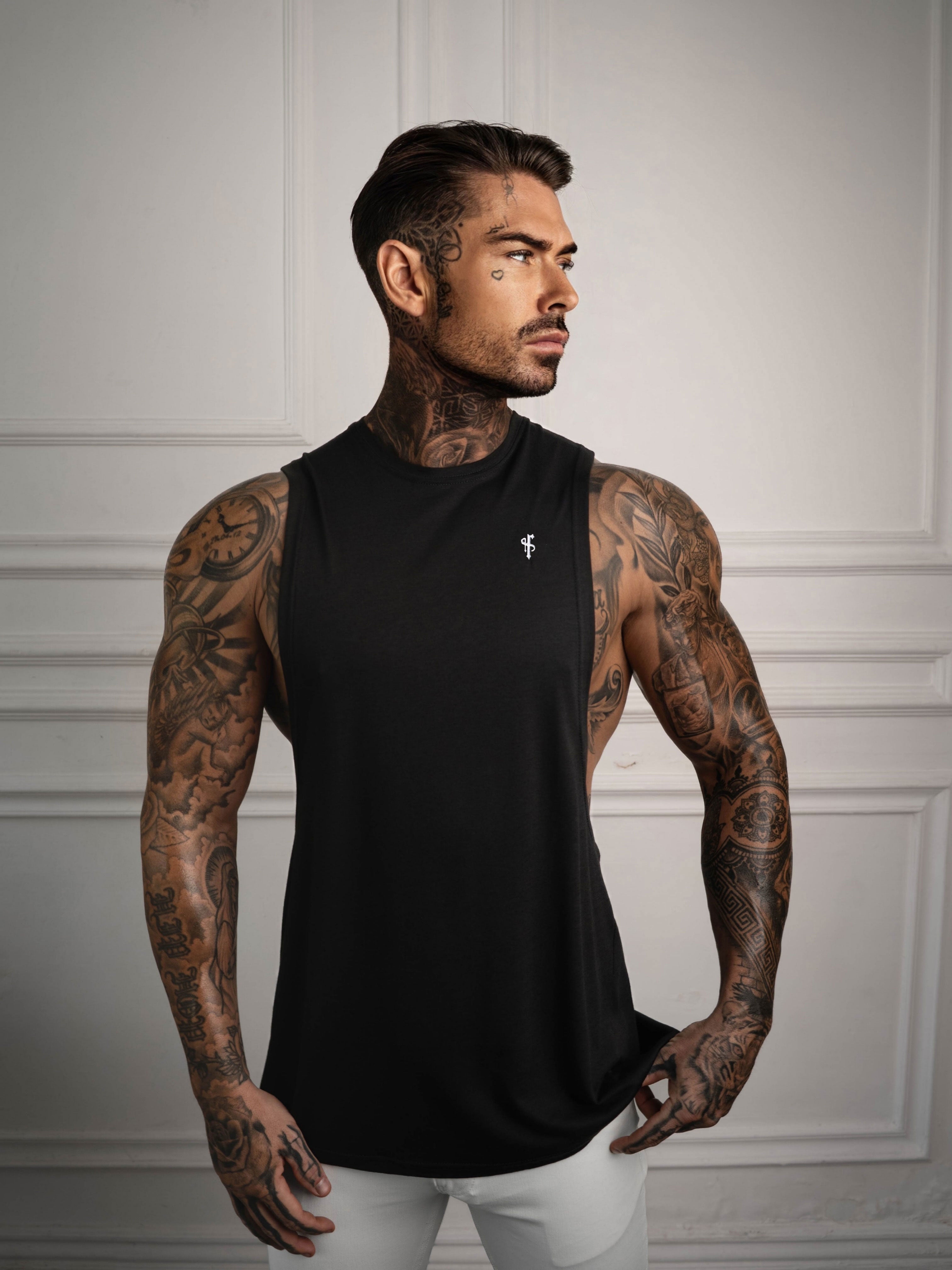 Classic Bamboo Dropped Armhole Black / White Vest - FSH1488