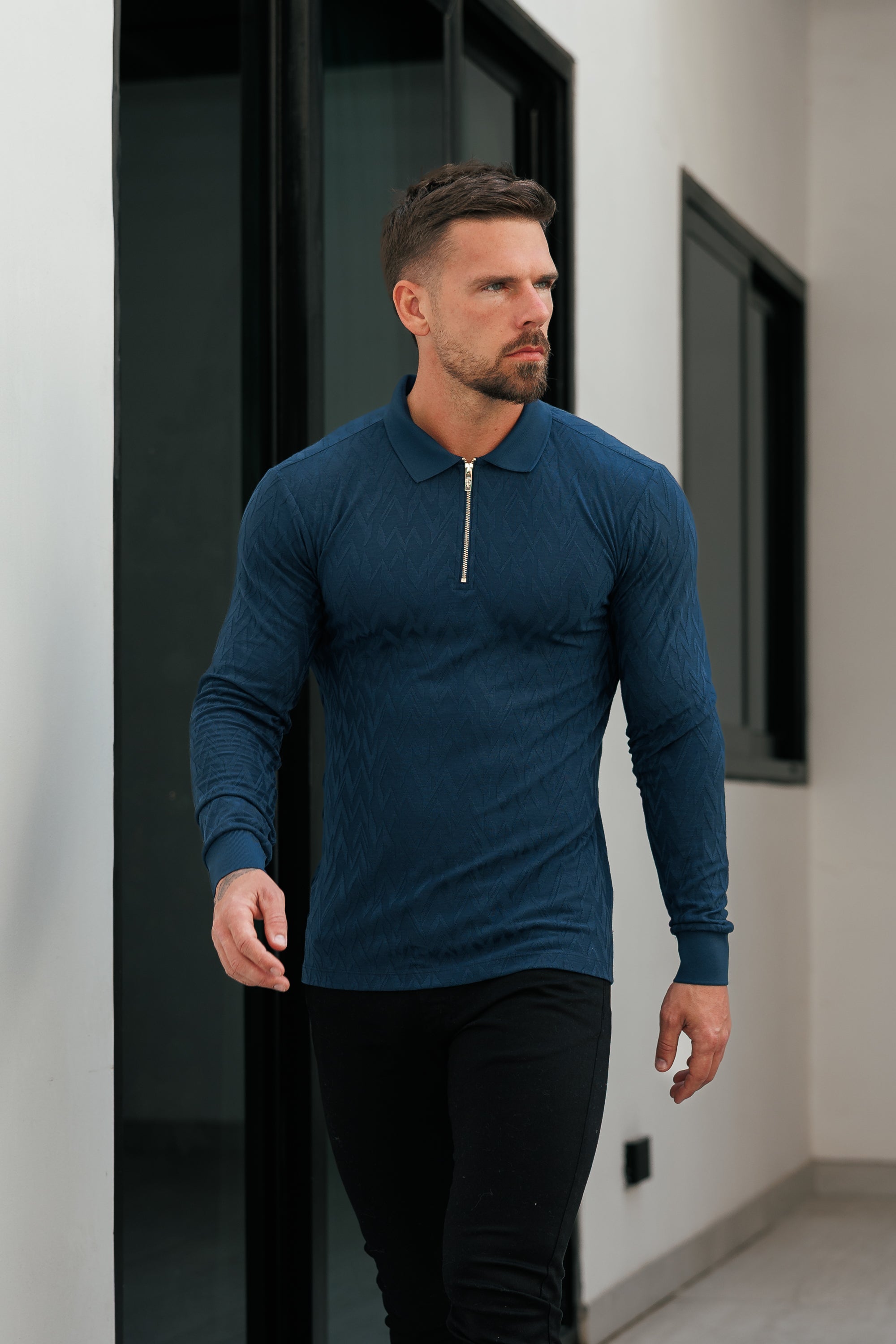 Classic Jacquard Navy Chevron Zipped Polo Long Sleeve - FSR045