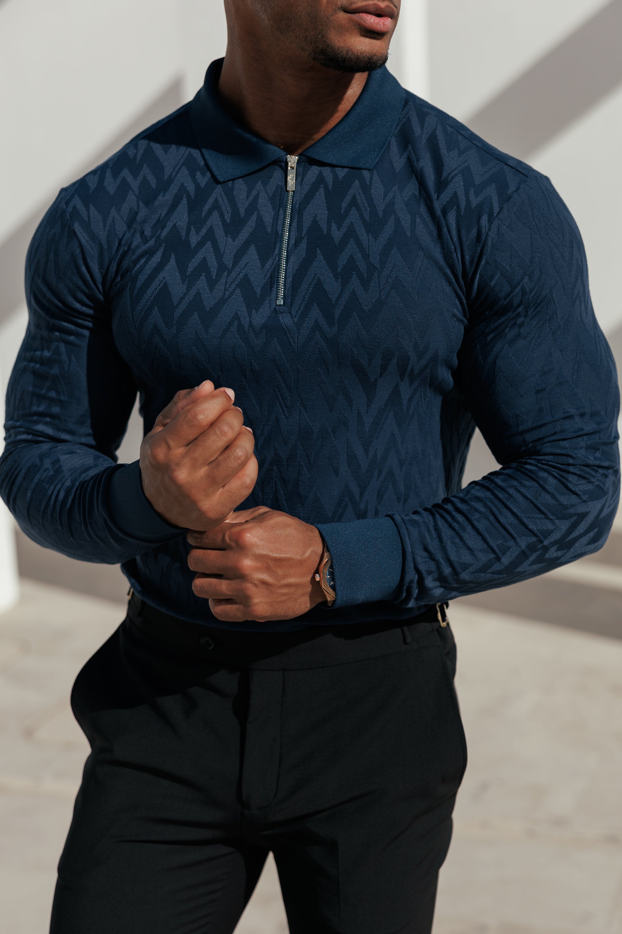 Classic Jacquard Navy Chevron Zipped Polo Long Sleeve - FSR045