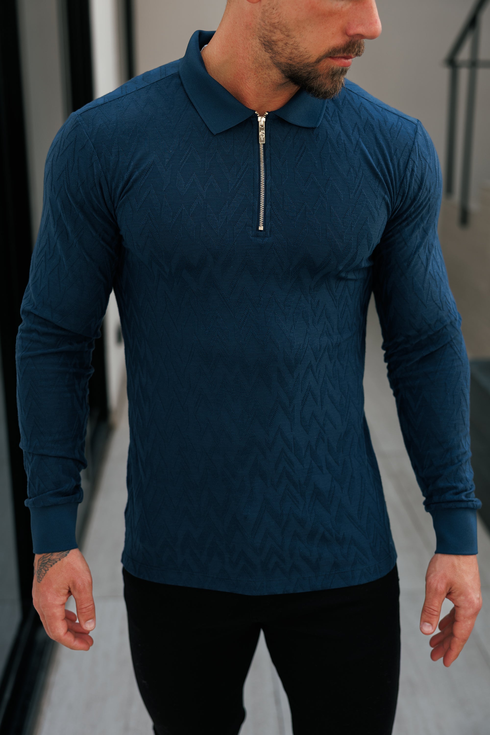 Classic Jacquard Navy Chevron Zipped Polo Long Sleeve - FSR045