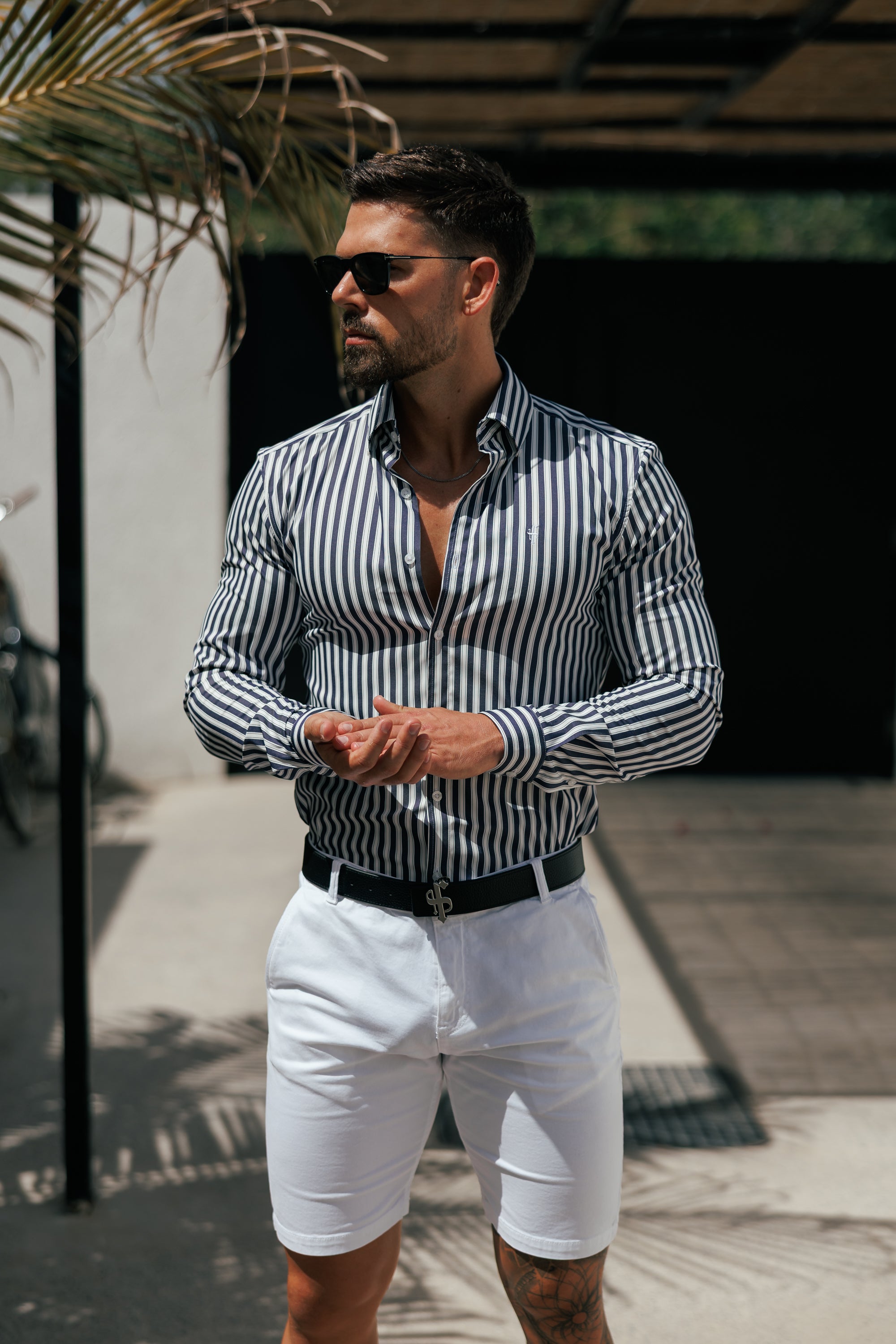 Super Slim Stretch Sateen Touch White / Navy Double Stripe Long Sleeve - FS1287 (PRE ORDER 28TH AUGUST)