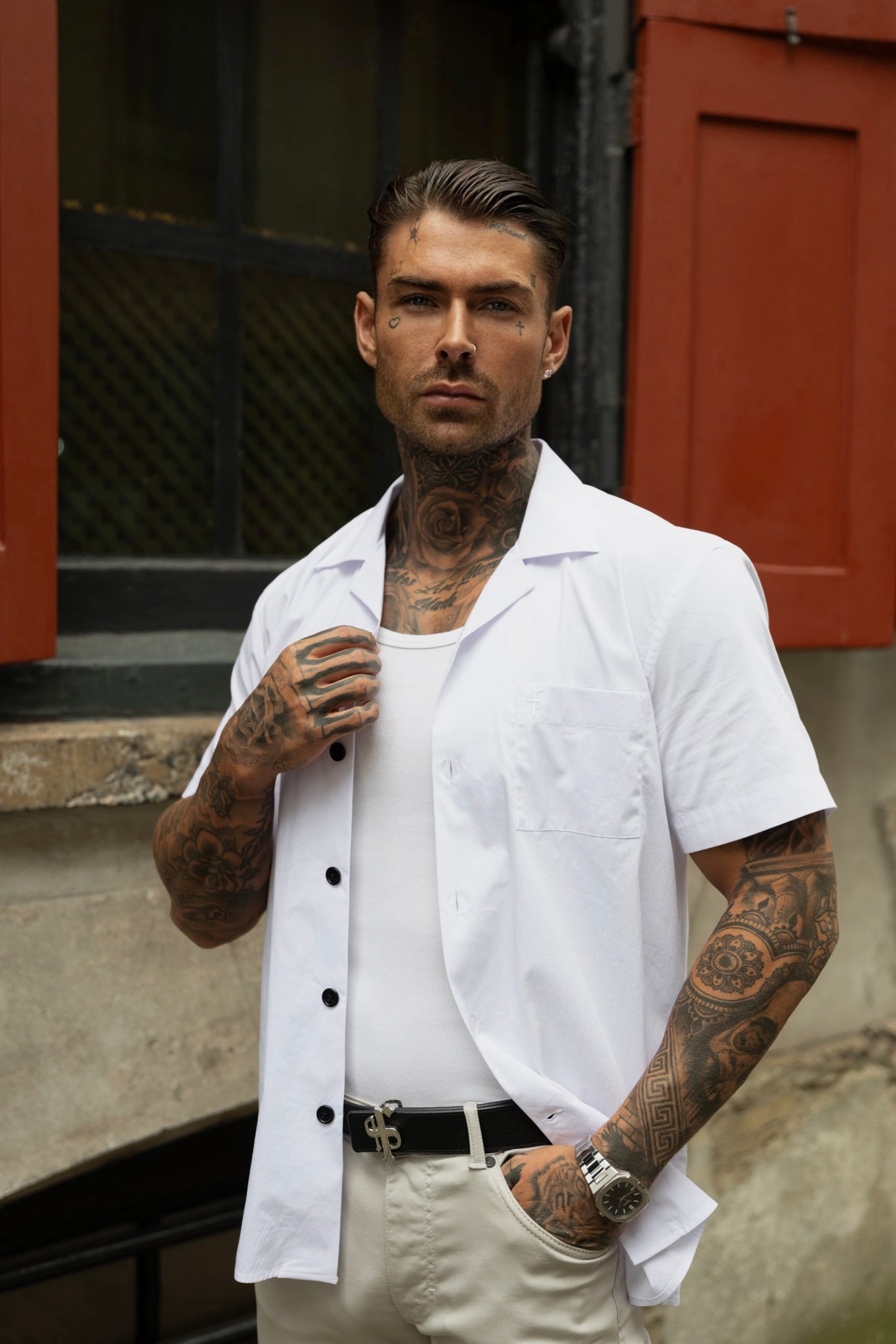 Hawaiian Boxy White Revere Collar Short Sleeve with Pocket - FS1077