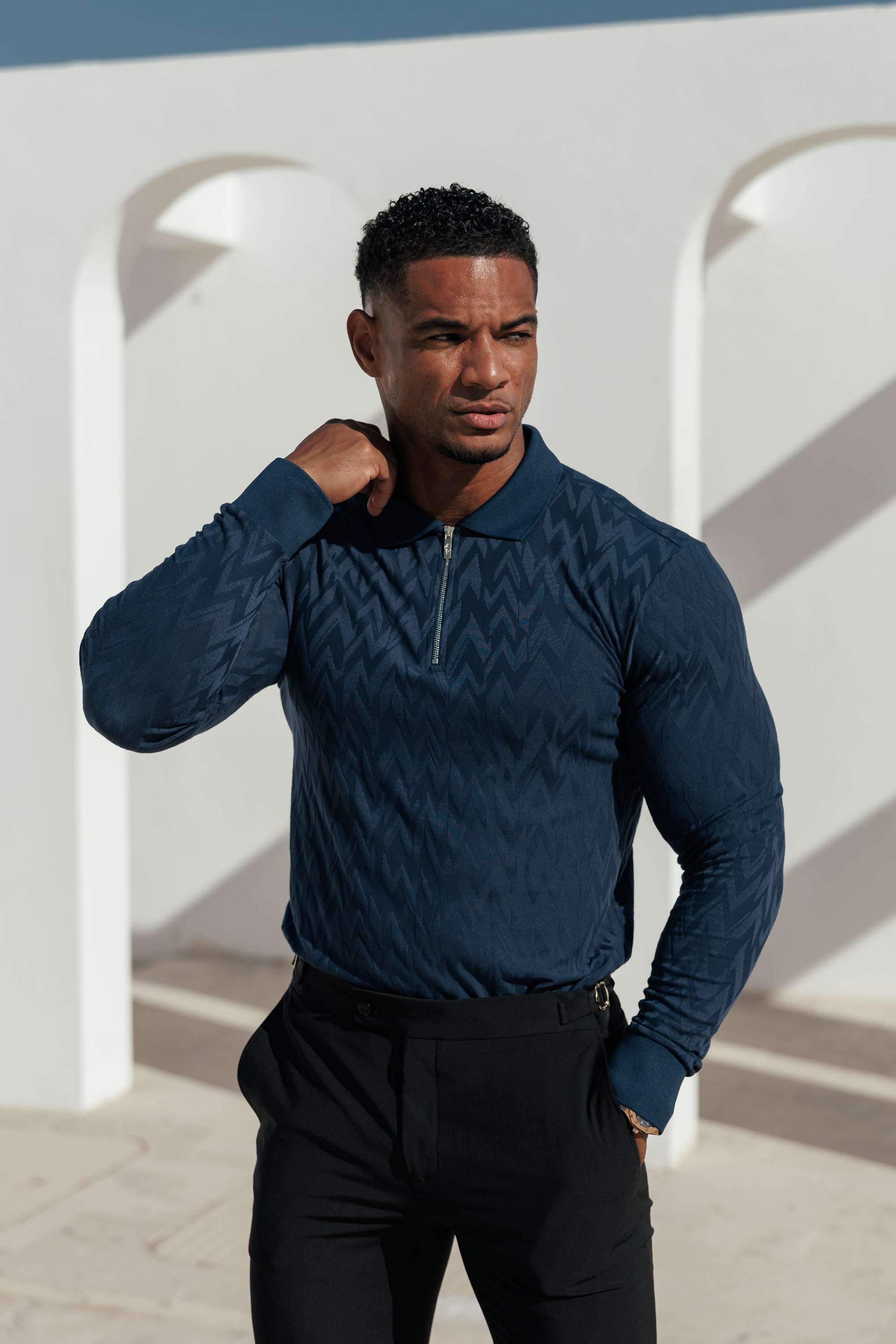 Classic Jacquard Navy Chevron Zipped Polo Long Sleeve - FSR045