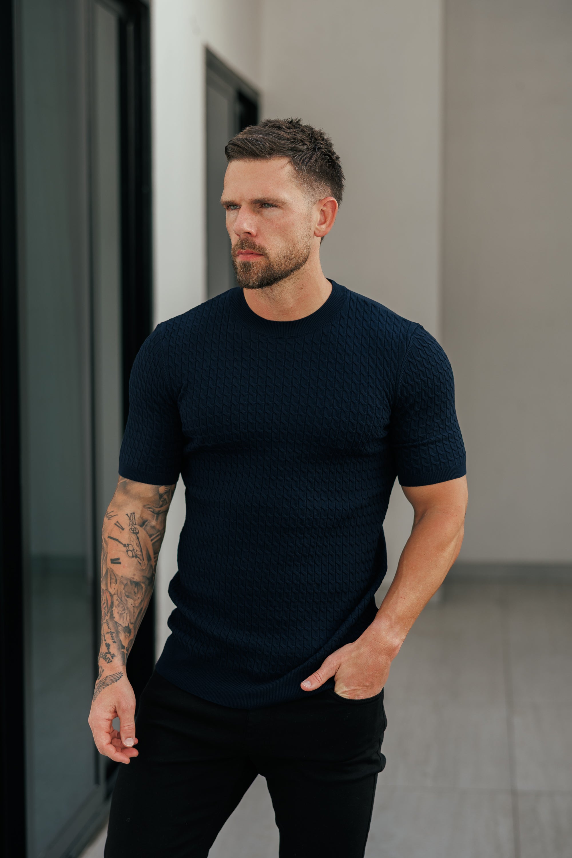 Front Chain Knit Crew Tshirt Navy Short Sleeve - FSR054