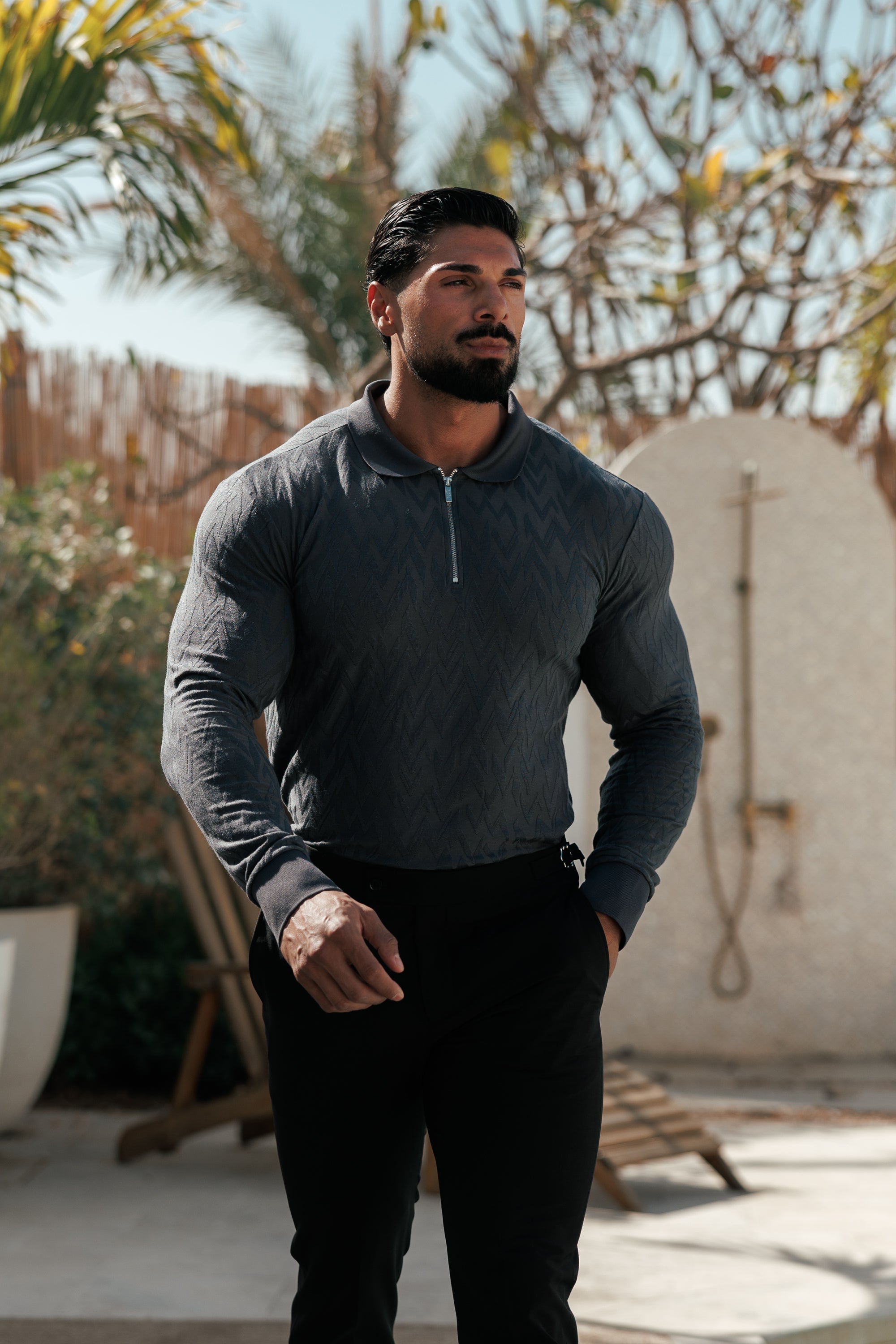 Classic Jacquard Charcoal Chevron Zipped Polo Long Sleeve - FSR044