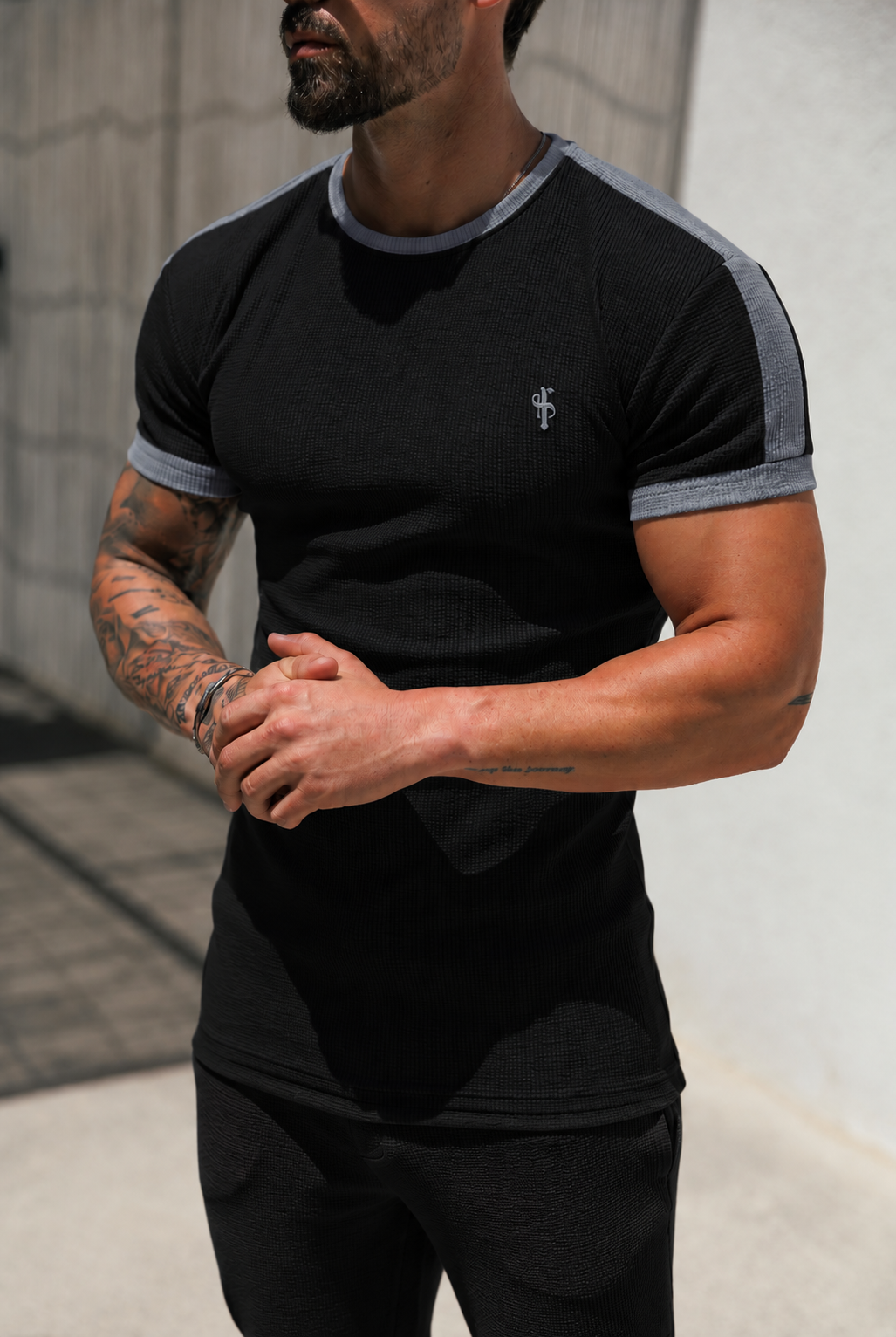 Black / Gunmetal Jersey Cord Contrast T-Shirt - FSR143