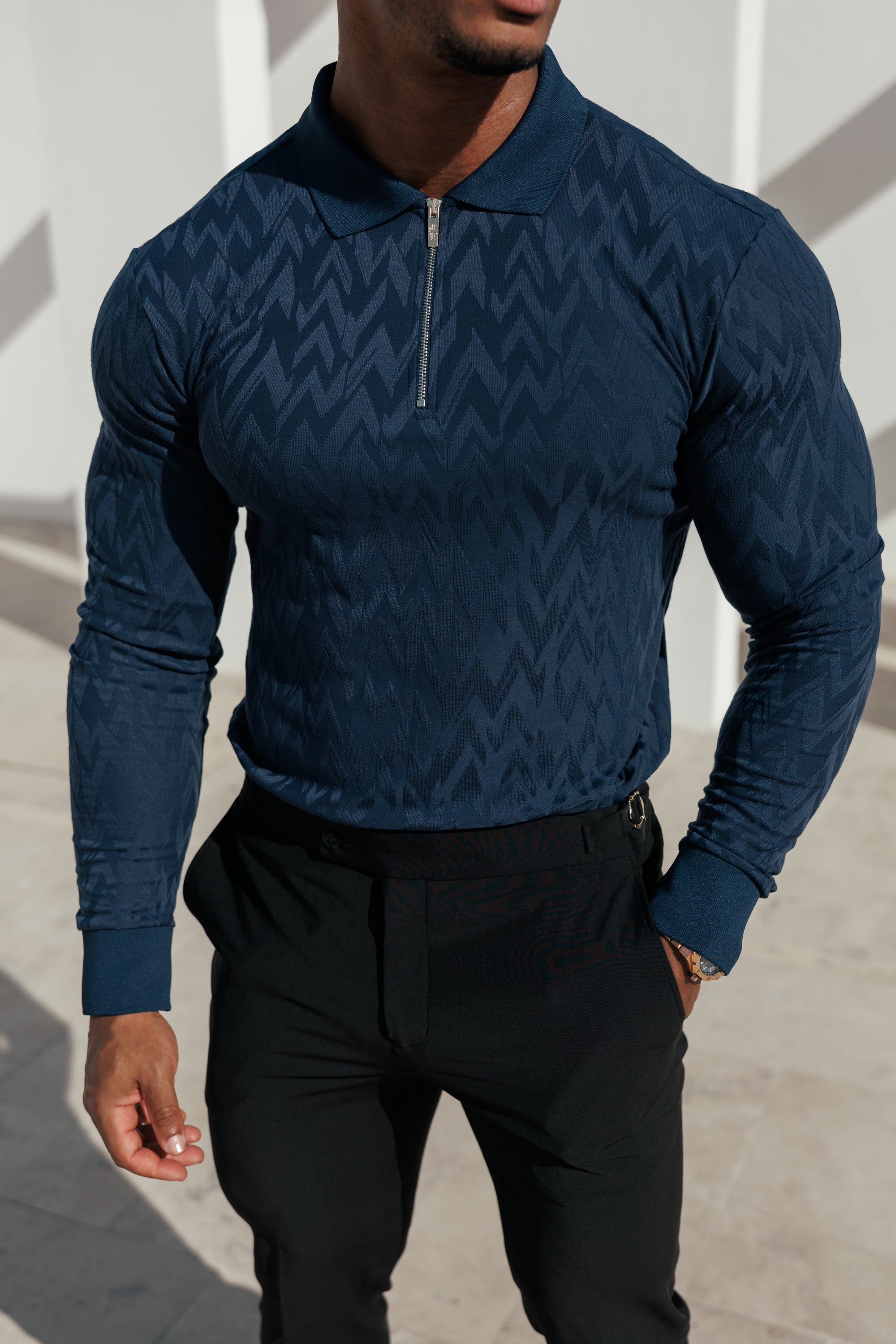 Classic Jacquard Navy Chevron Zipped Polo Long Sleeve - FSR045