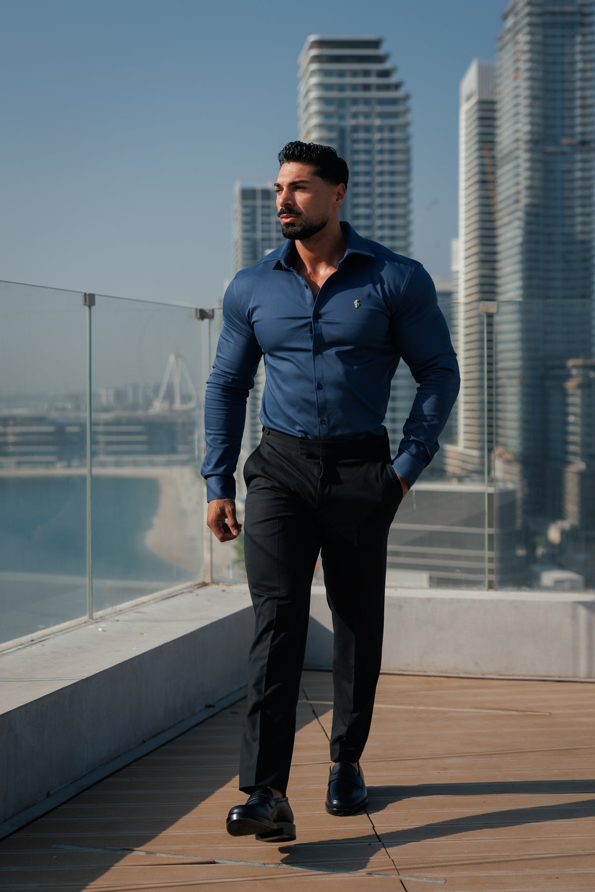 Super Slim Stretch New Navy Denim Long Sleeve with Gold Metal Decal and Cutaway Collar - FS1314