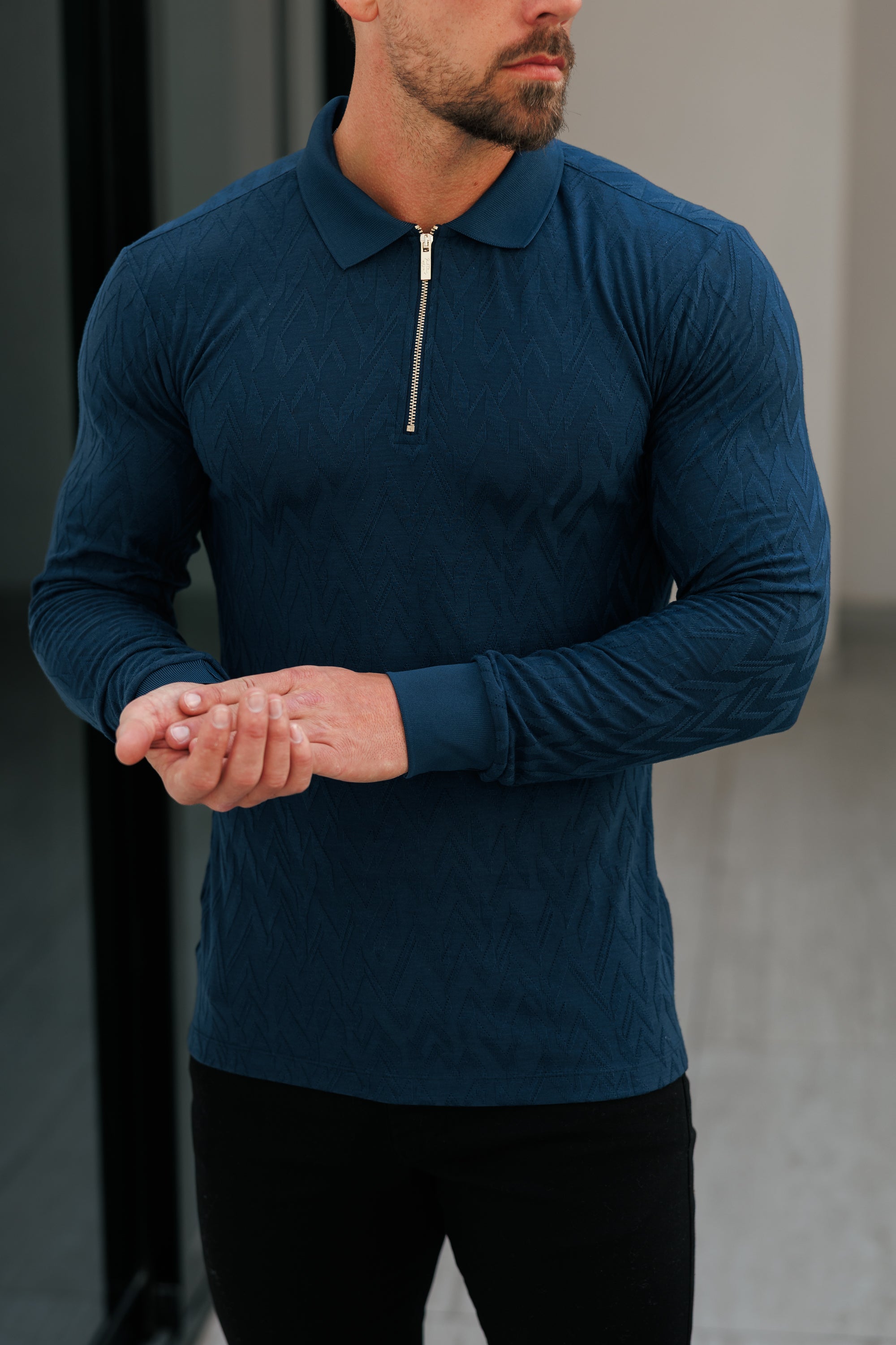 Classic Jacquard Navy Chevron Zipped Polo Long Sleeve - FSR045