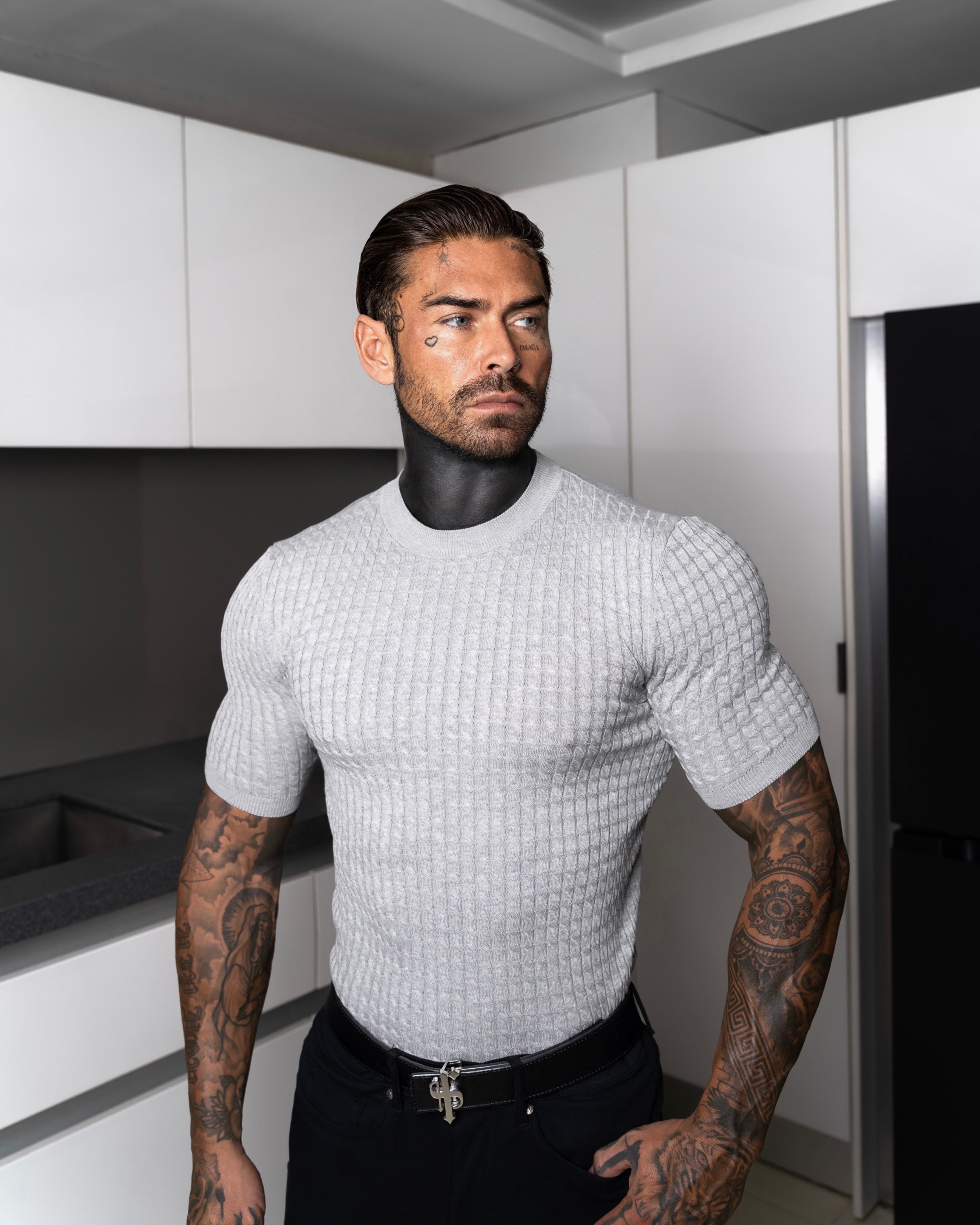 Front Chain Knit Crew Tshirt Silver Grey Short Sleeve - FSR056