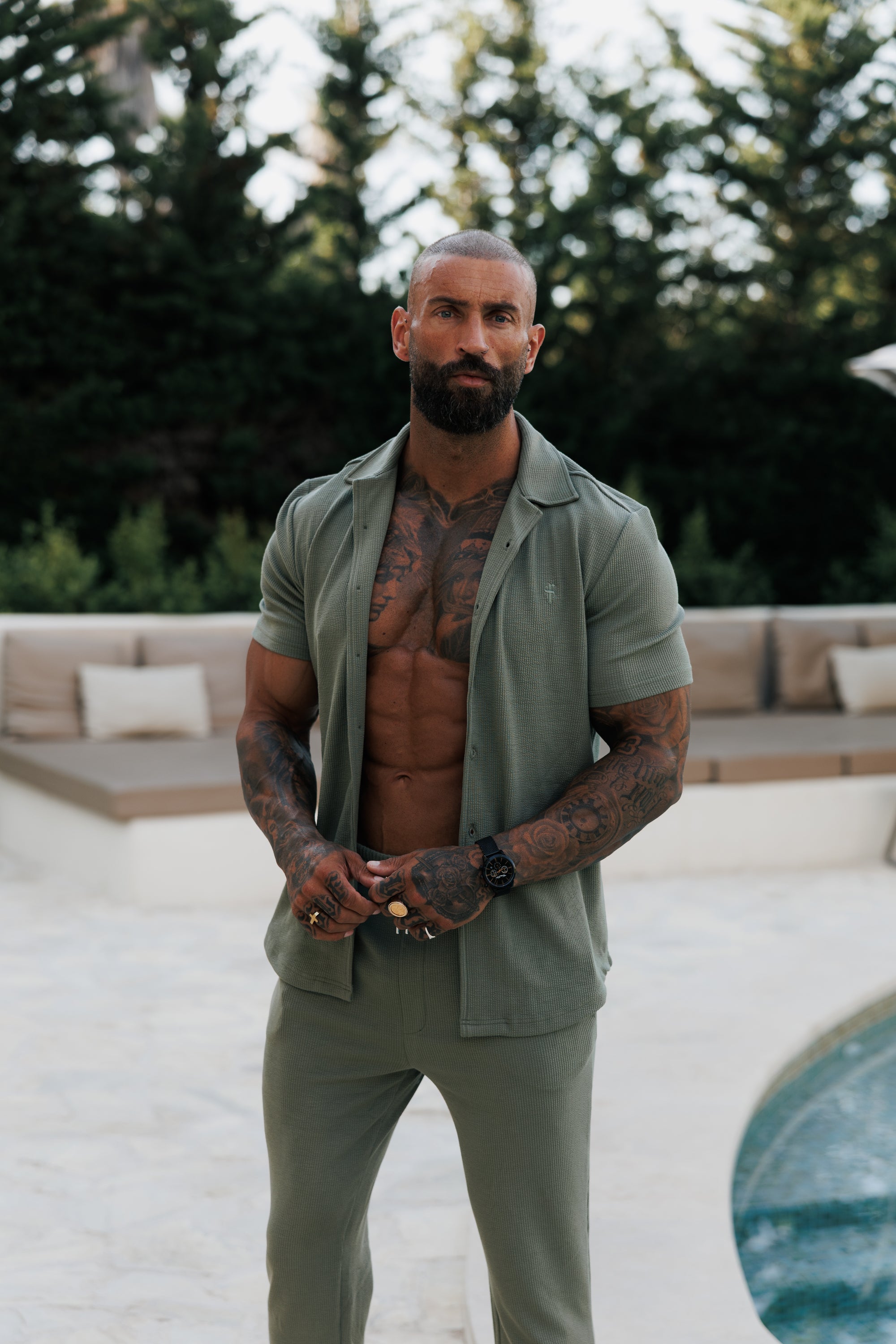 Jersey Cord Stretch Olive Revere Shirt Short Sleeve - FSR072 (PRE ORDER 30TH JUNE)
