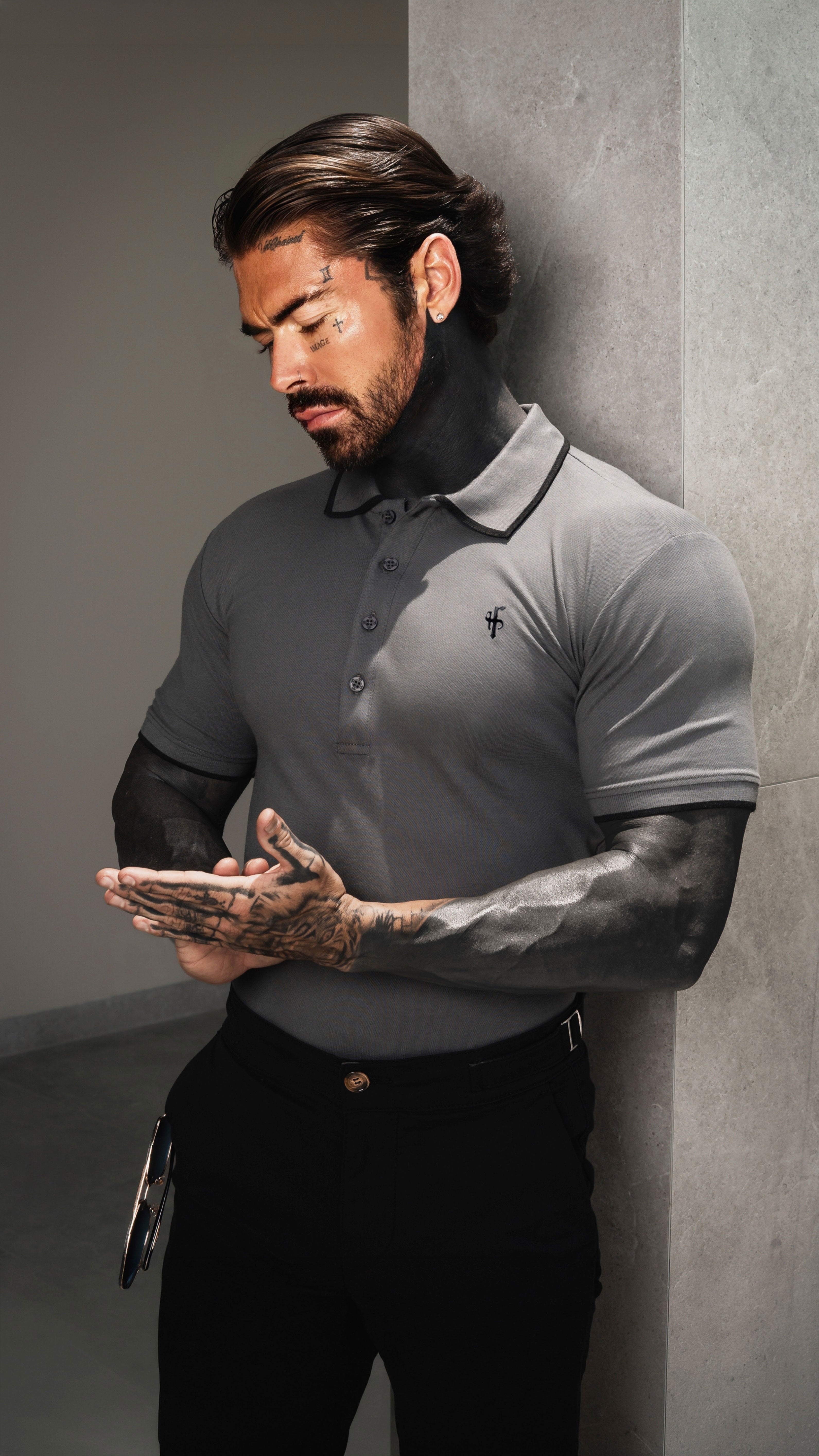 Charcoal / Black Polo Shirt With Contrast Collar and Sleeve - FSH1675