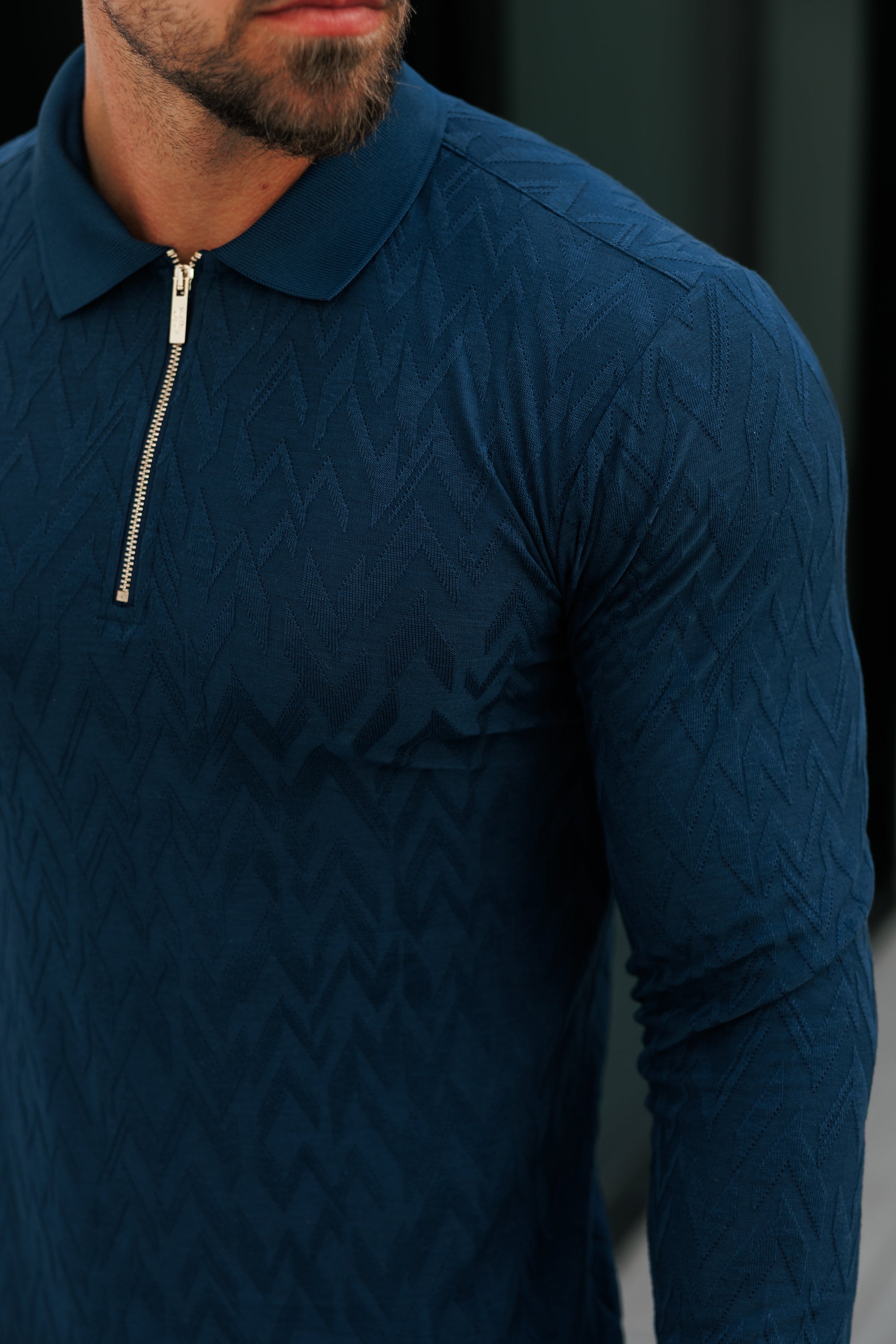 Classic Jacquard Navy Chevron Zipped Polo Long Sleeve - FSR045